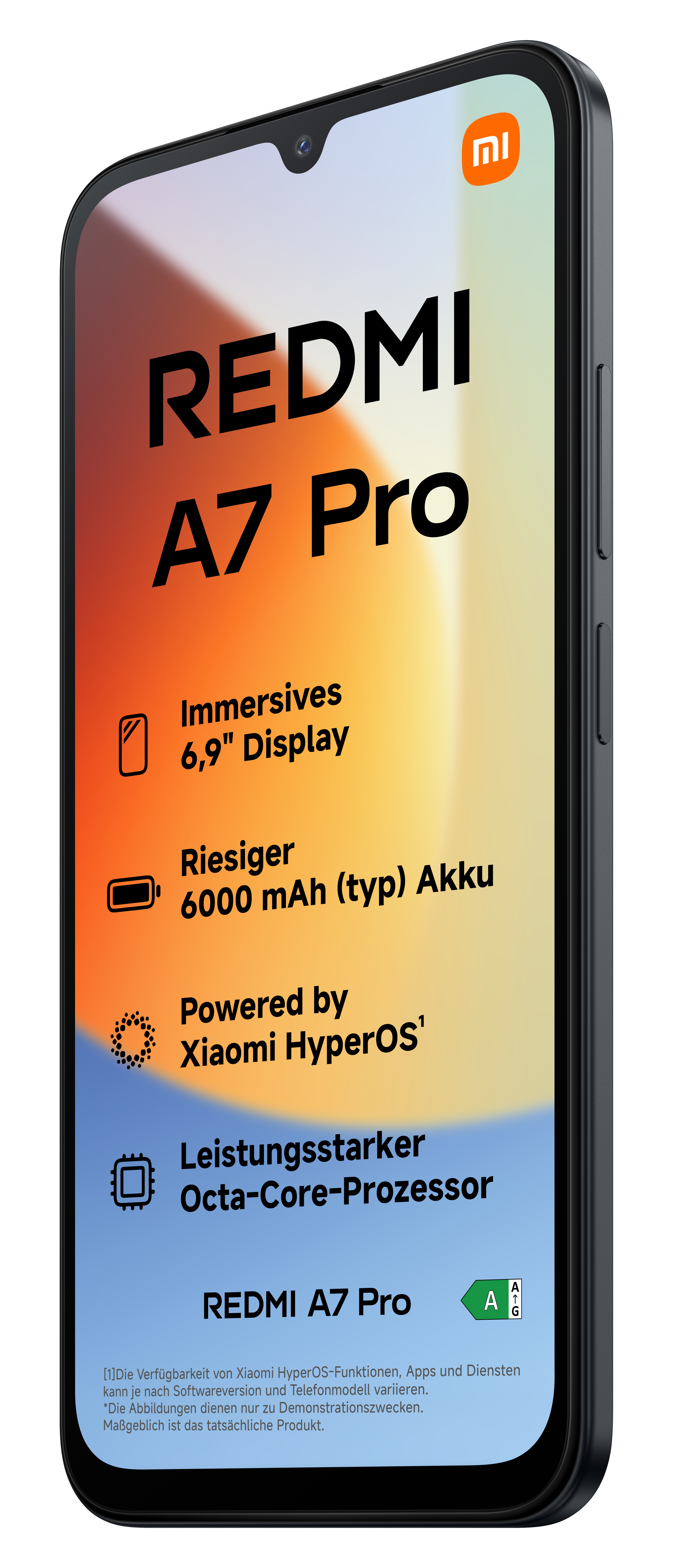 Ein Smartphone mit rot-gelb-blauem Hintergrund. Es zeigt REDMI A7 Pro und Features.