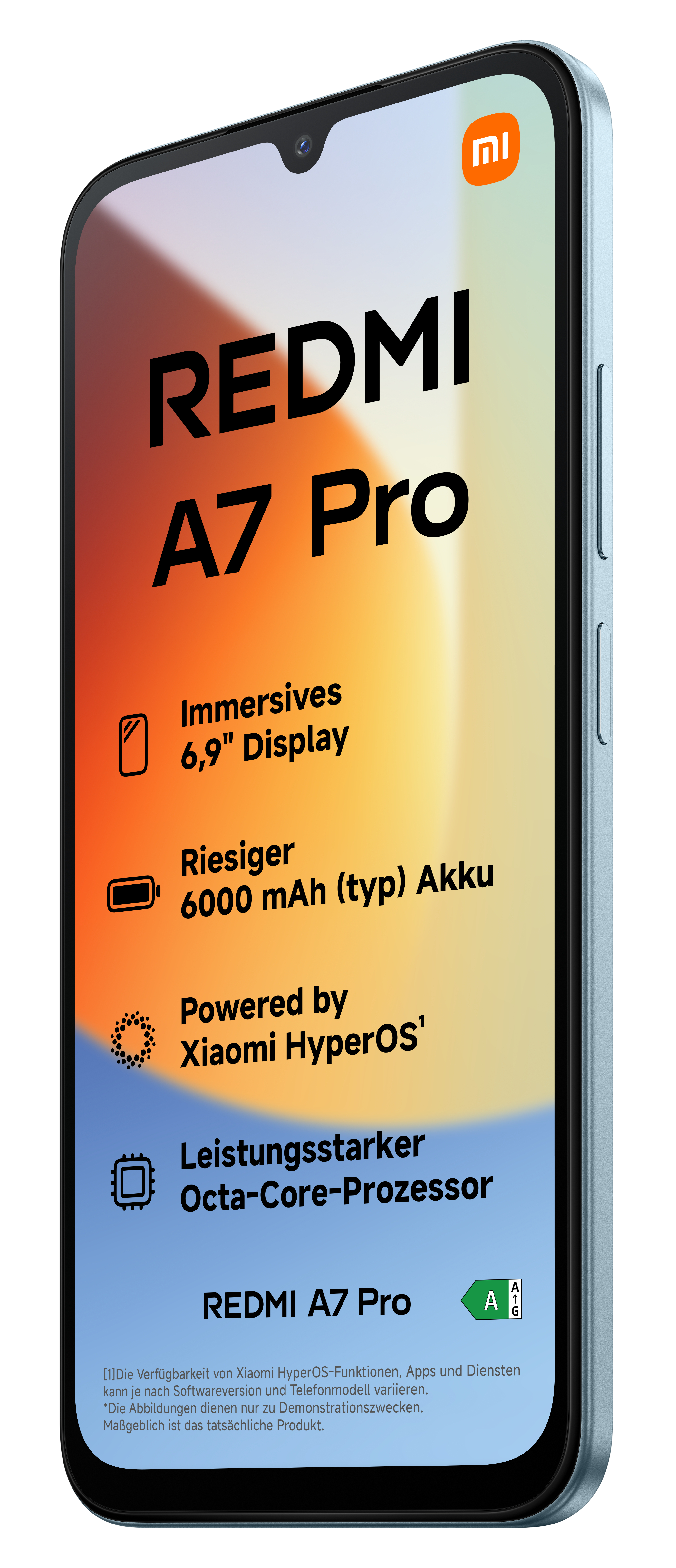 Ein Smartphone mit "REDMI A7 Pro" Aufdruck, 6,9" Display und 6000 mAh Akku.