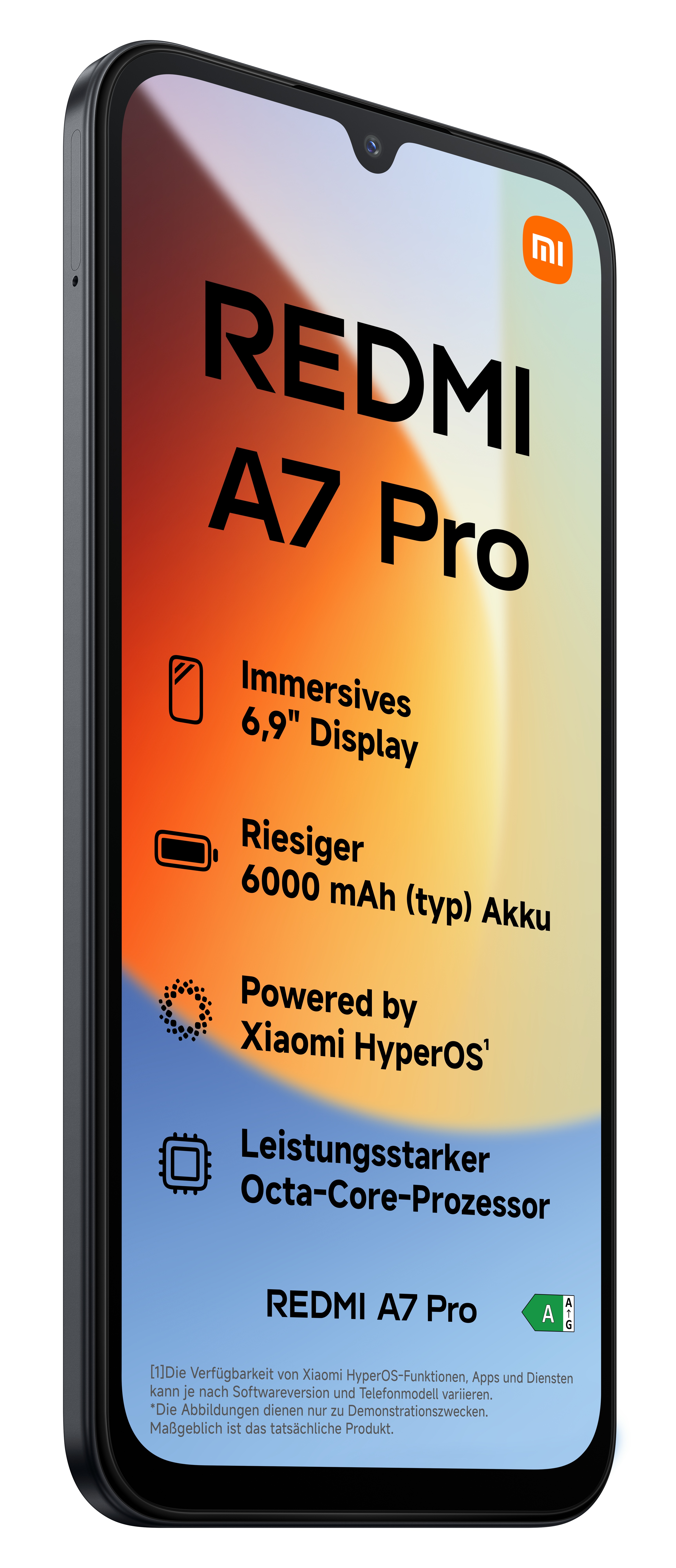 Ein schwarzes Redmi A7 Pro Smartphone mit einem 6,9-Zoll-Display und Akku-Infos.