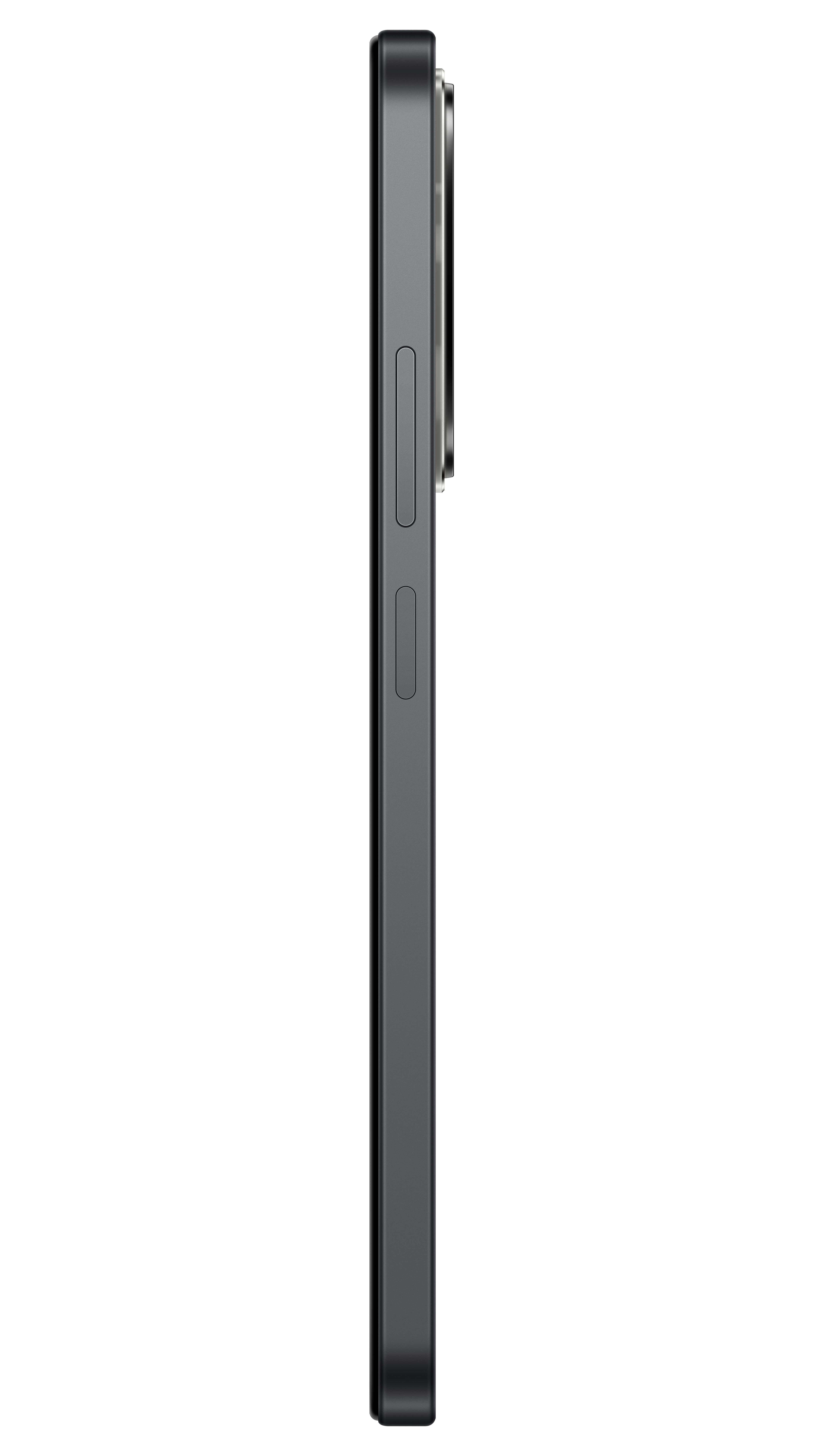 Graues Smartphone von der Seite mit Lautstärketasten und einer Aussparung.