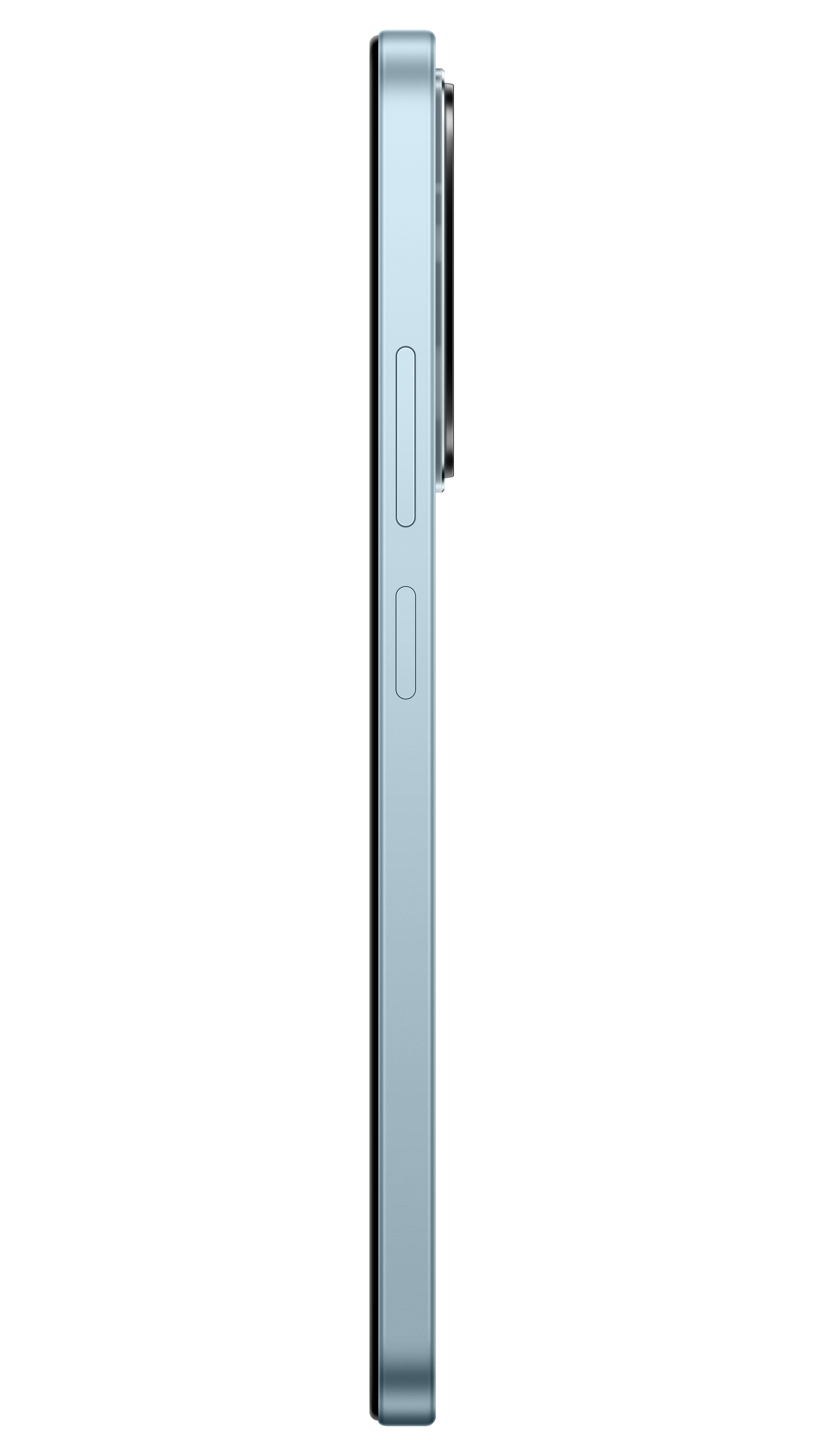 Ein hellblaues Smartphone im Profil mit weißen Tasten an der Seite.