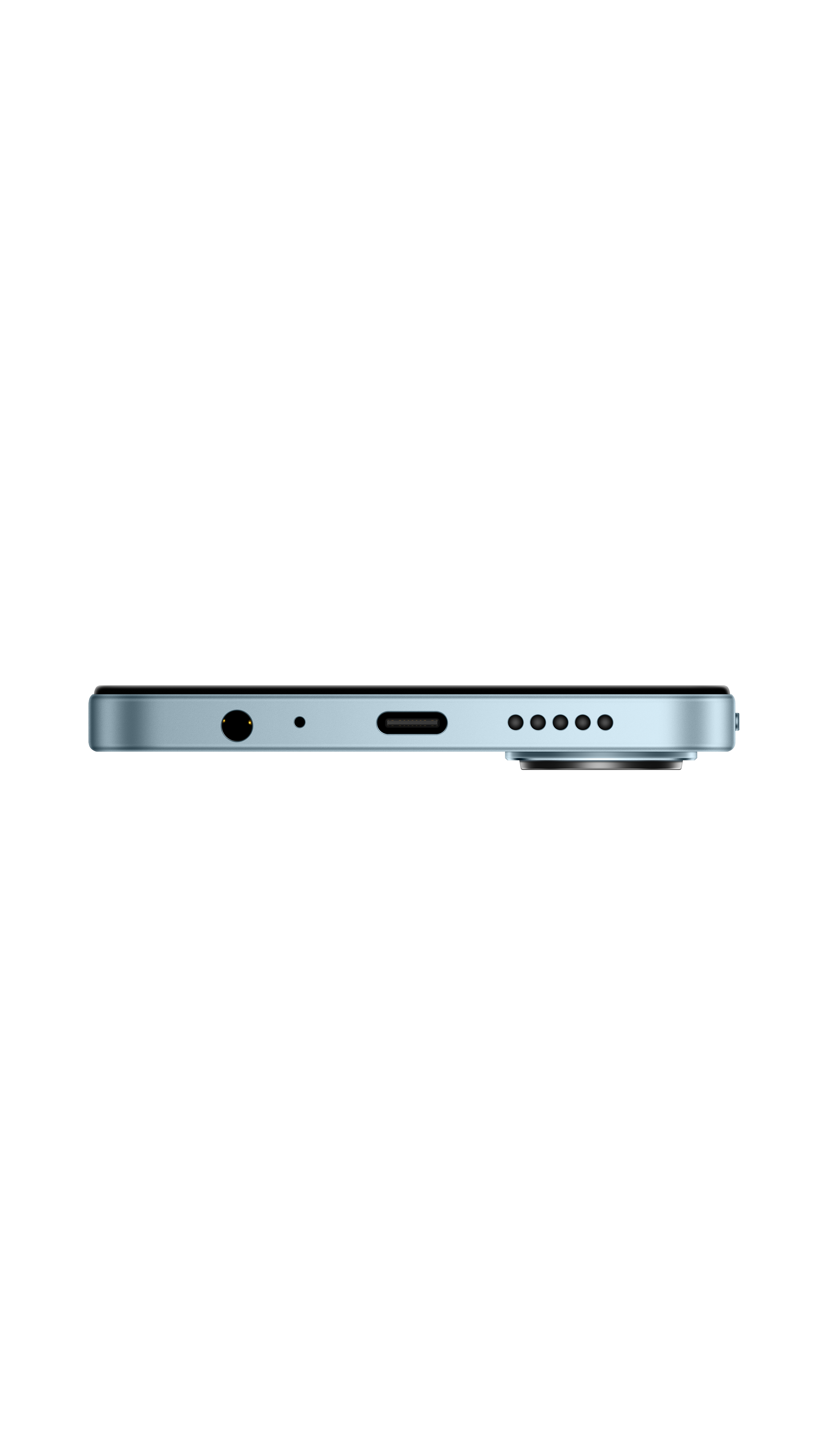 Helles blaues Smartphone-Profil mit Kopfhöreranschluss, USB-C und Lautsprechern.