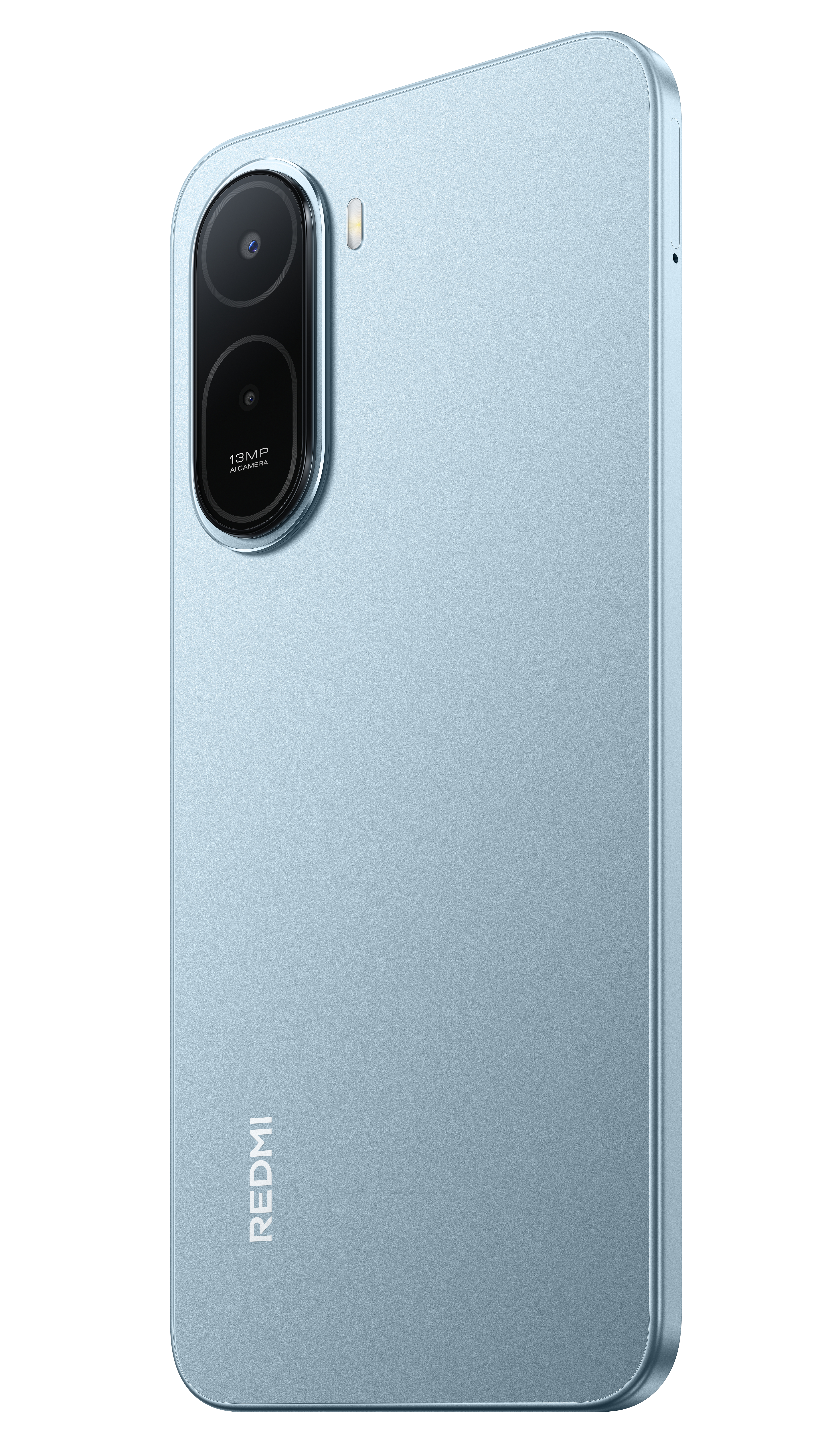Eine hellblaue Rückseite eines Smartphones mit einer vertikalen Doppelkamera und dem Redmi-Logo.