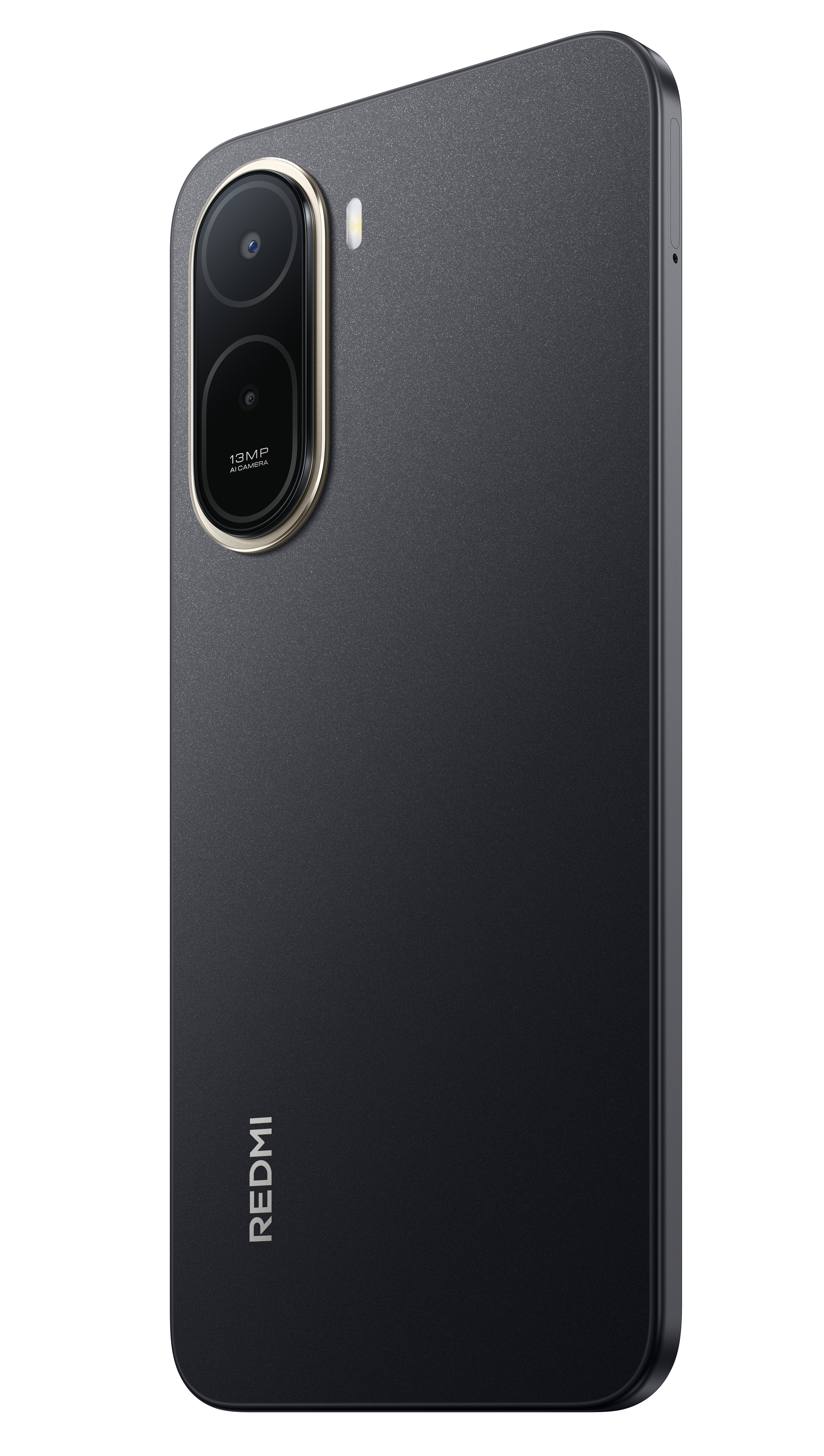 Rückseite eines schwarzen Smartphones mit zwei Kameras und dem REDMI-Logo.