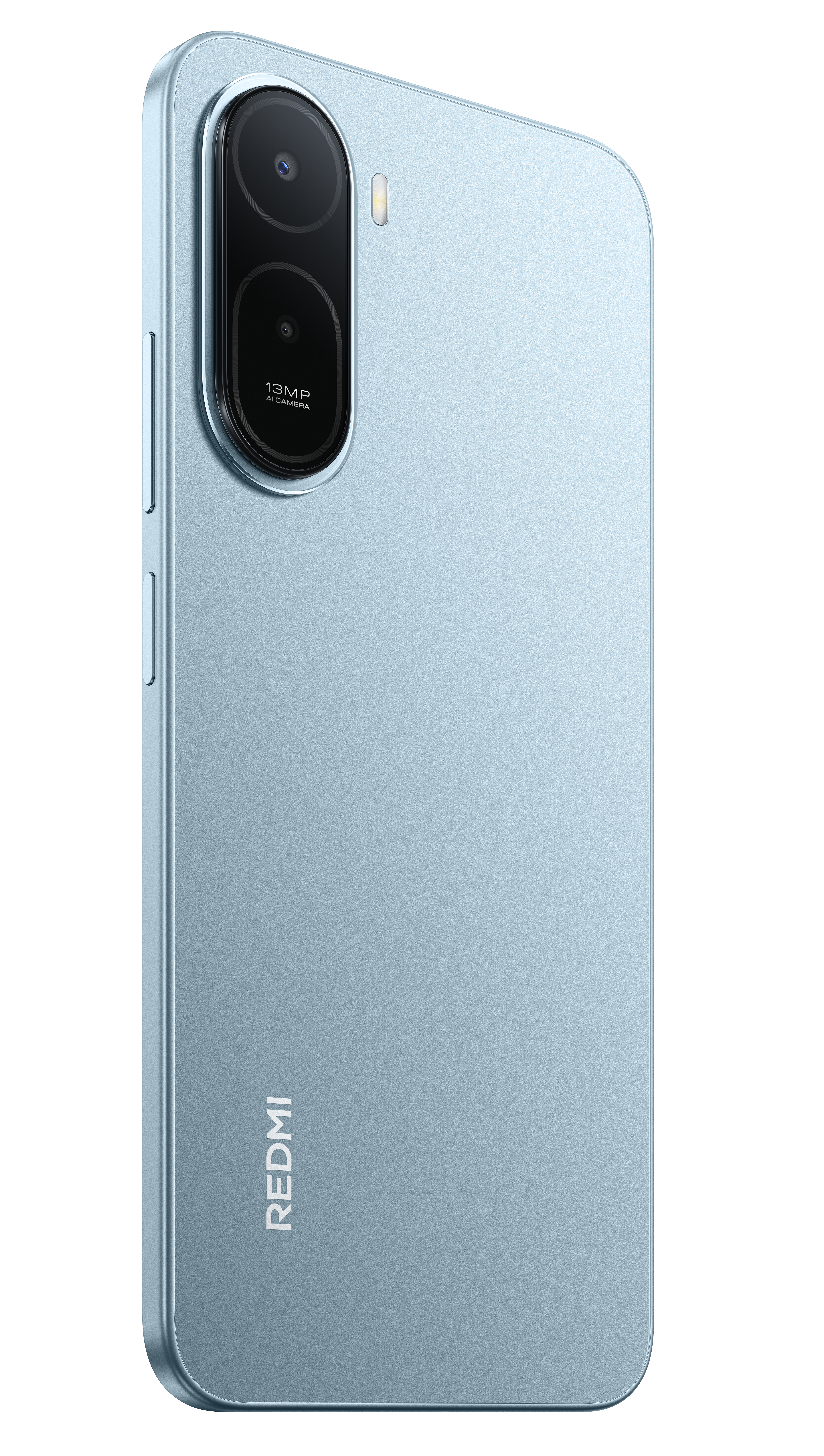 Ein hellblaues Smartphone mit einer Doppelkamera und „REDMI“-Schriftzug.