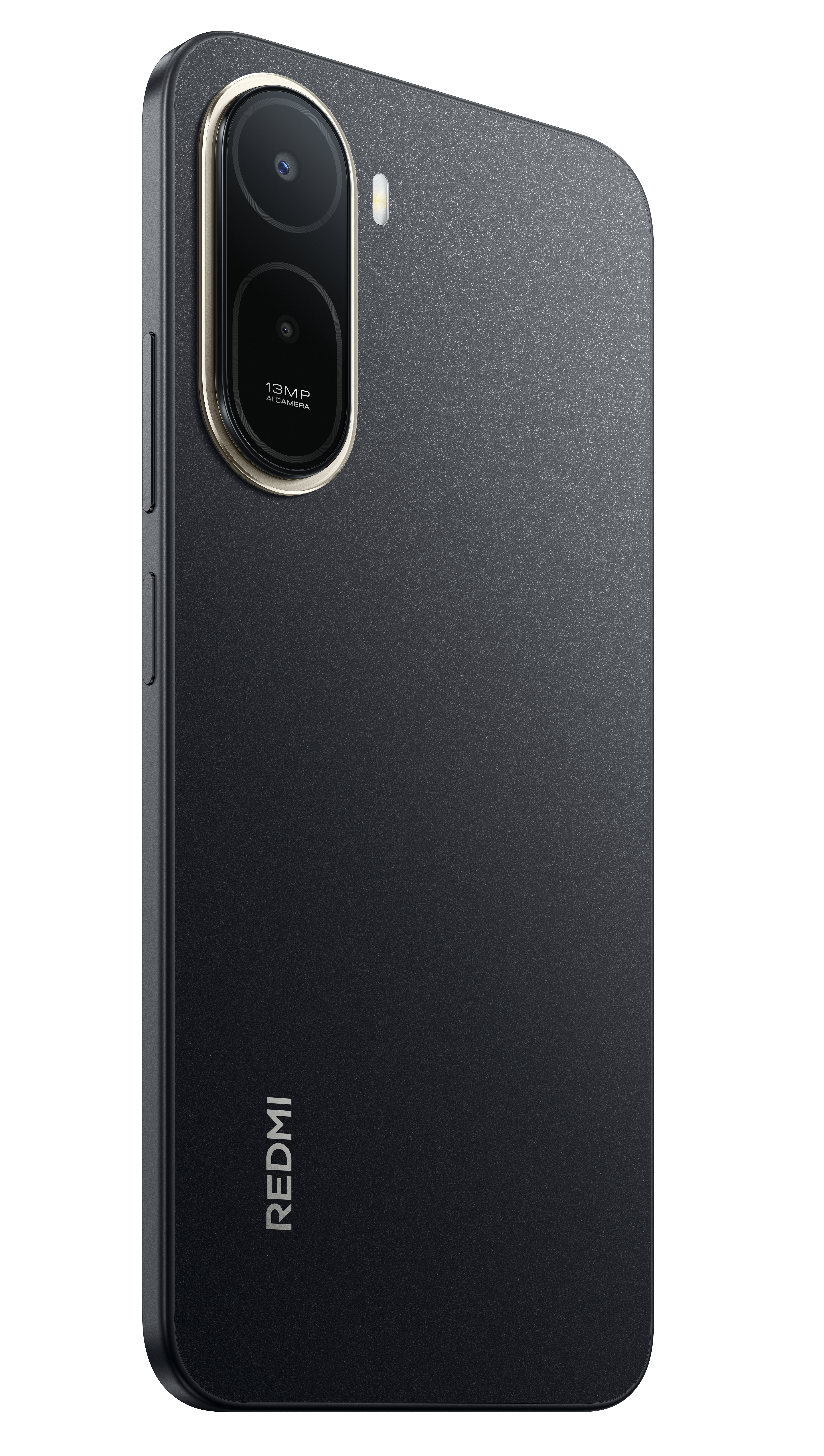 Rückseite eines schwarzen Smartphones mit 13MP AI-Kamera und REDMI-Logo.