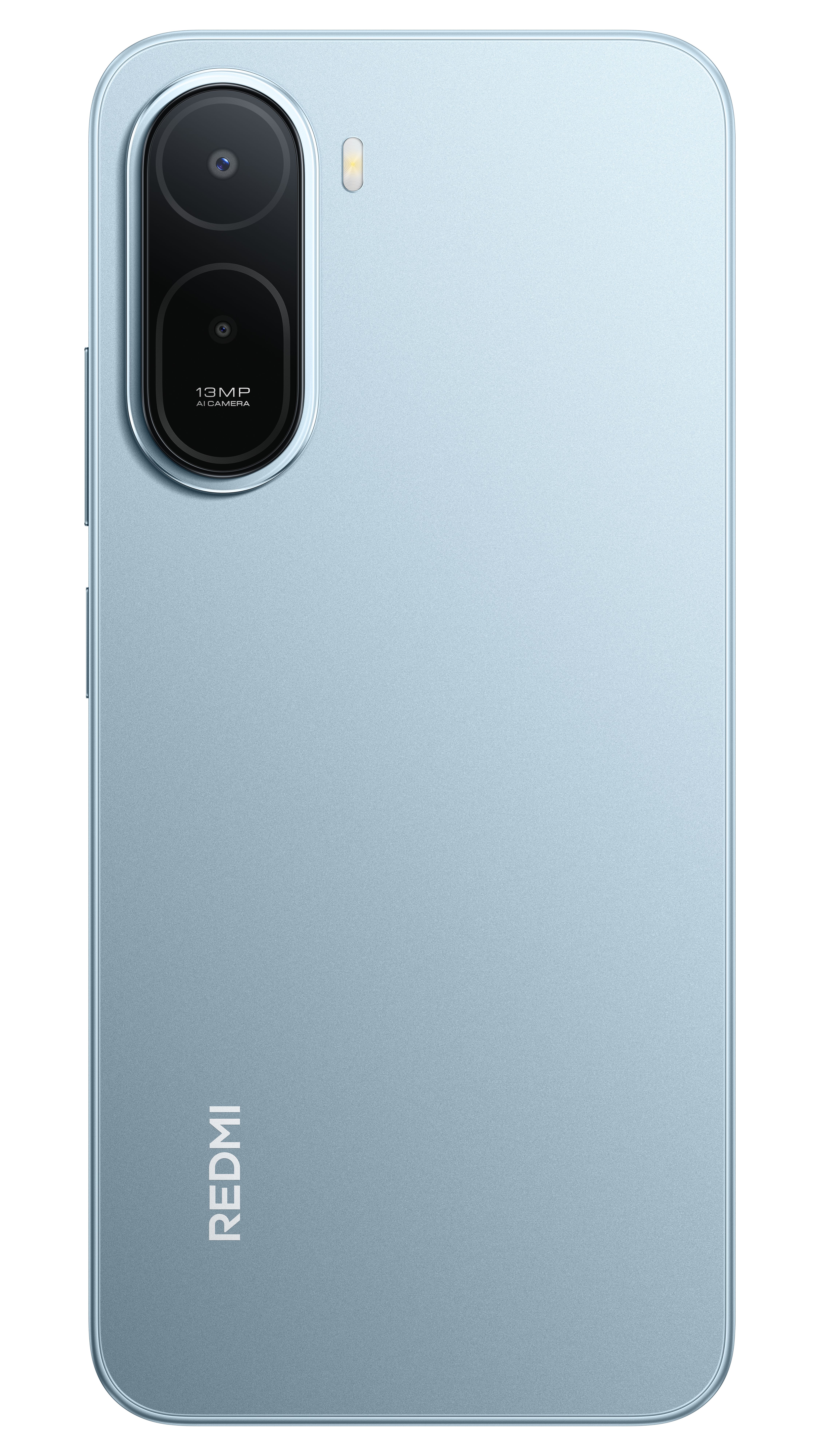 Rückseite eines hellblauen Smartphones mit zwei Kameras und dem REDMI-Logo.