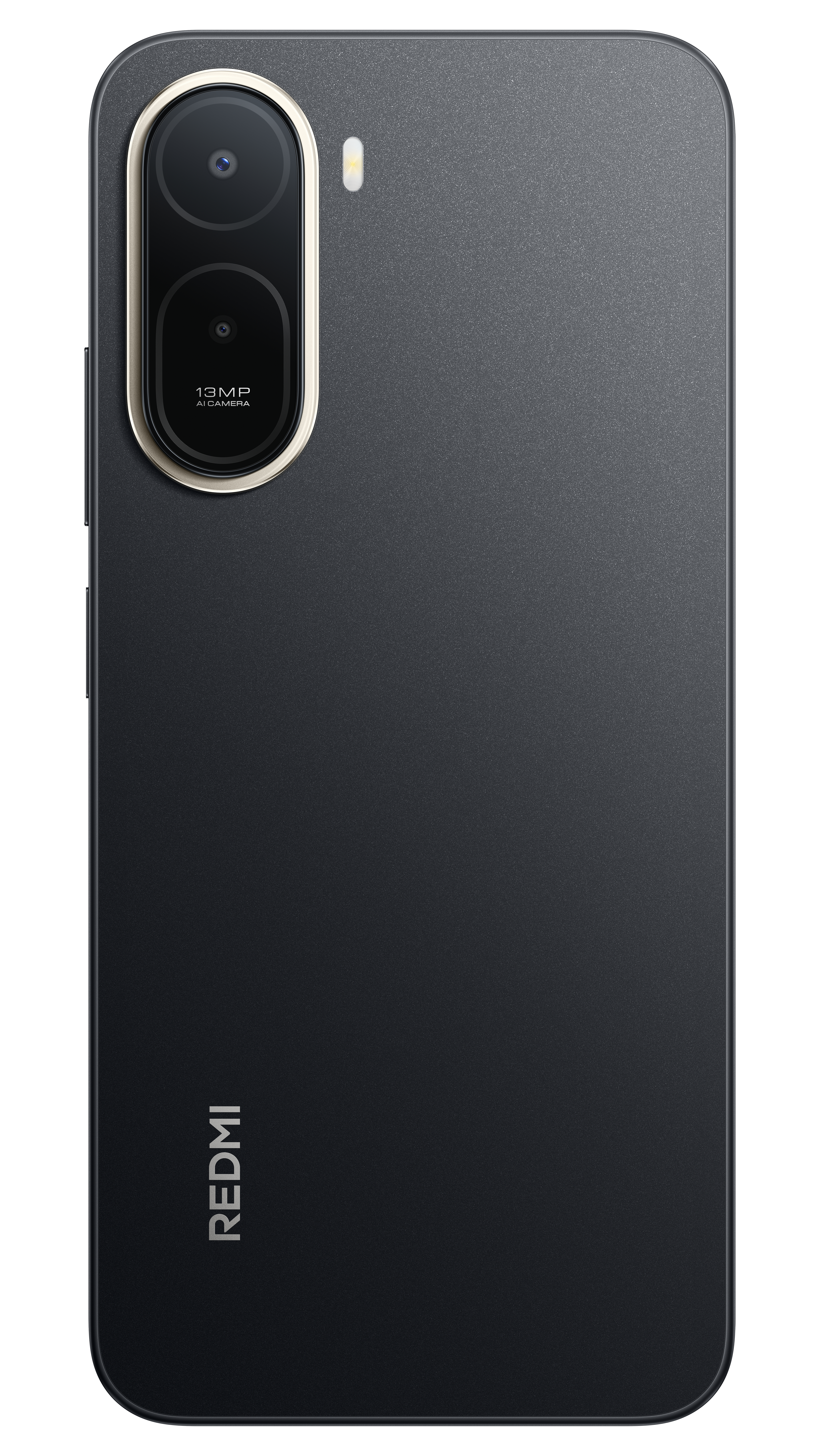 Rückseite eines schwarzen Smartphones mit zwei Kameras und dem Redmi-Logo.