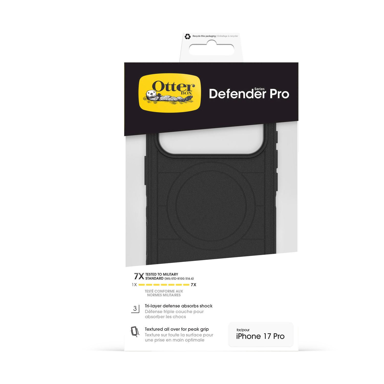 Custodia OtterBox Defender Pro nera per iPhone 17 Pro, testata secondo standard militari.