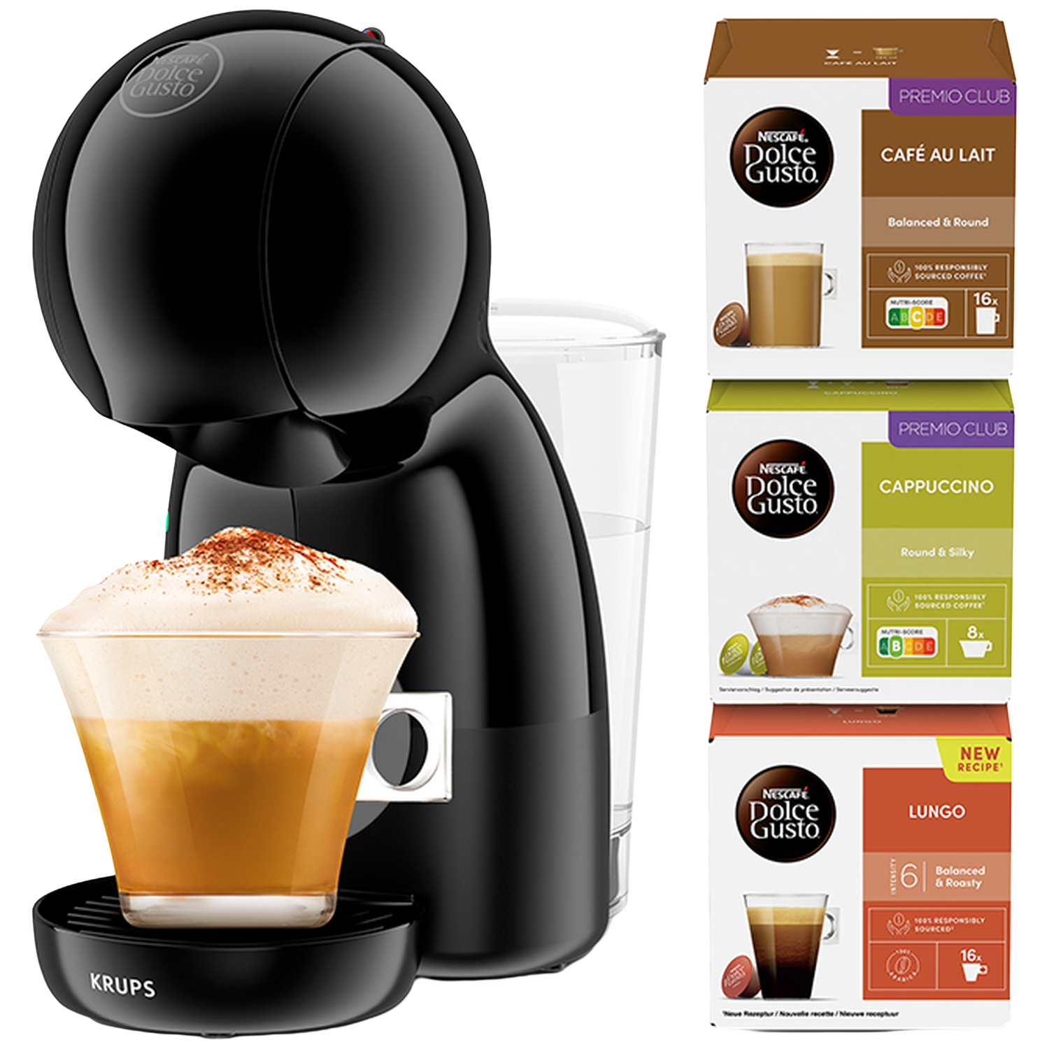 Zwarte koffiemachine met kopje en drie Nescafé Dolce Gusto pakken.