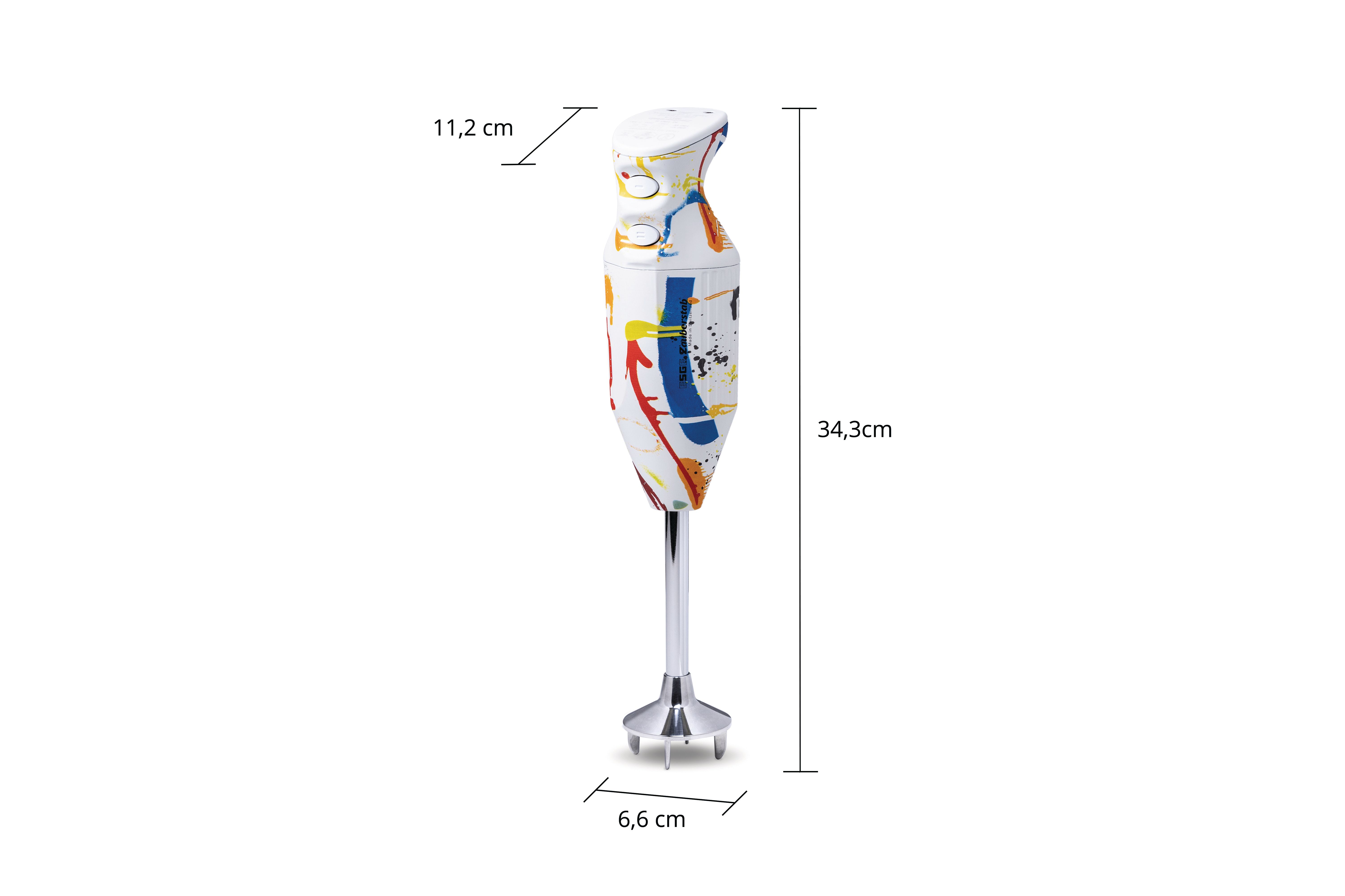 Ein weißer Stabmixer mit bunten Farbspritzern, Längen 34,3 cm und 11,2 cm.
