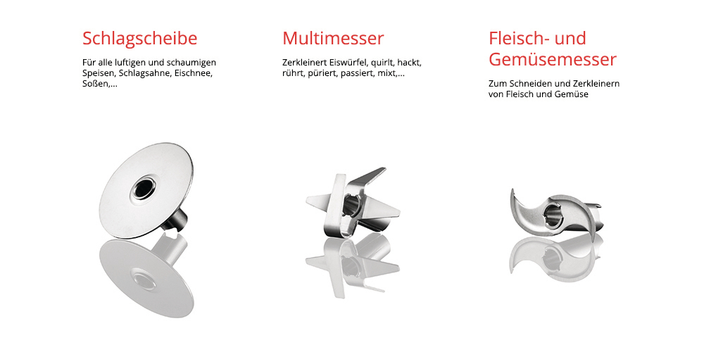 Drei Küchenmaschinen-Aufsätze: Schlag-, Multi- und Fleisch-/Gemüsemesser.