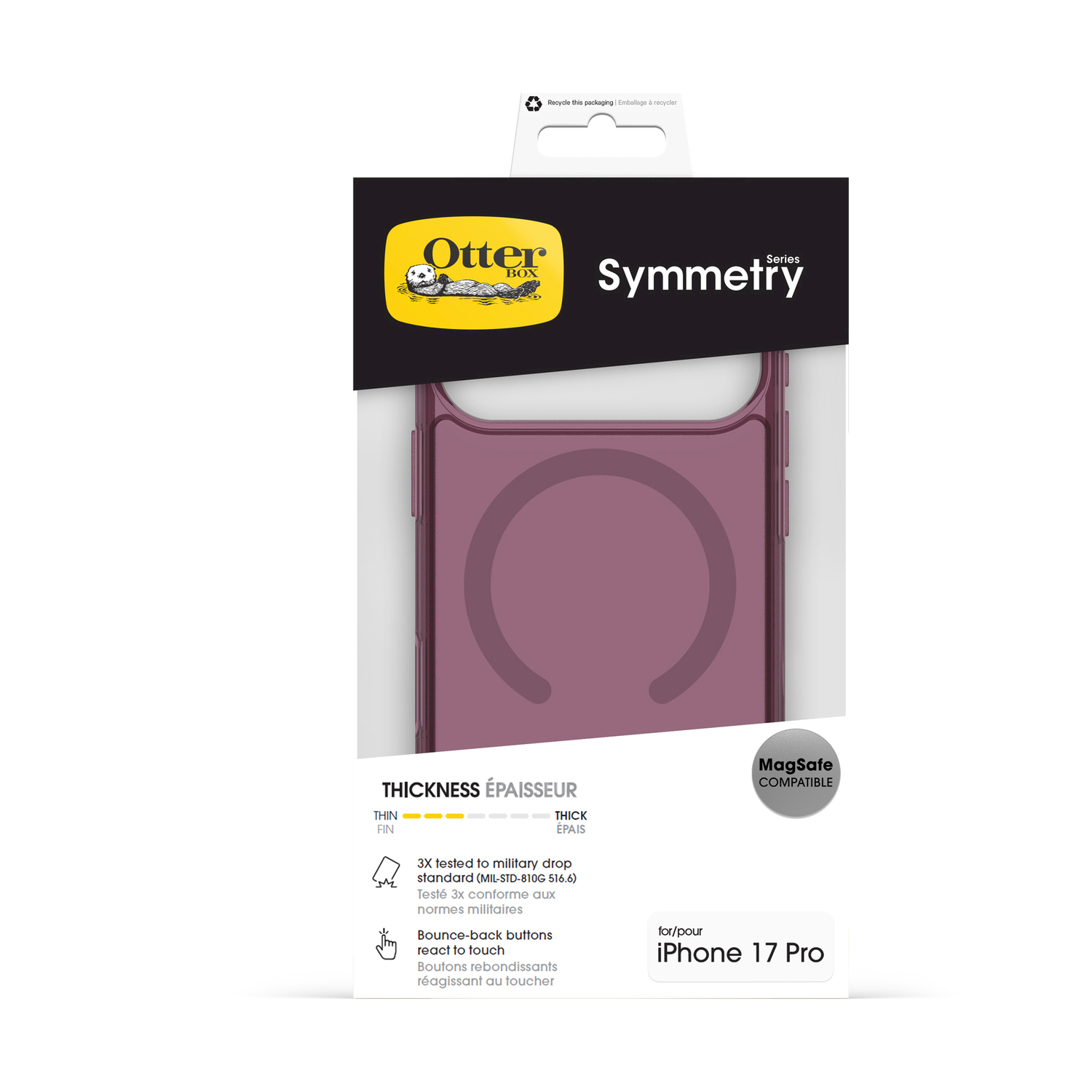 Custodia viola OtterBox Symmetry per iPhone 17 Pro con MagSafe.