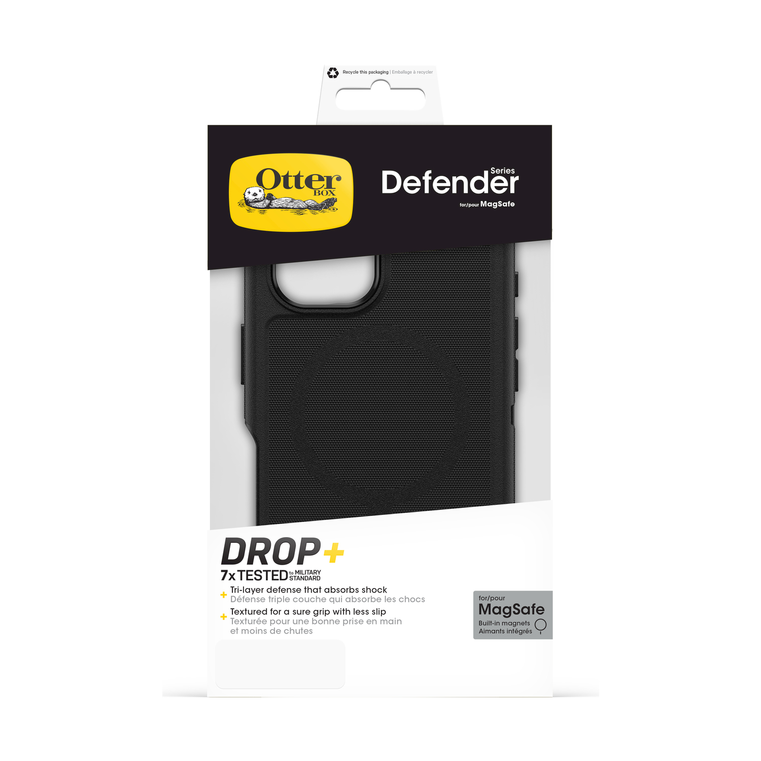 Custodia nera OtterBox Defender per MagSafe, con logo e caratteristiche prodotto.