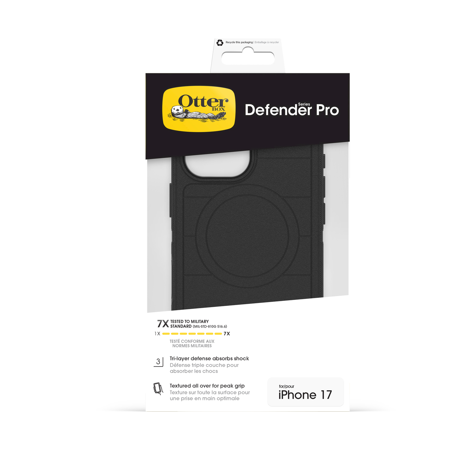 Custodia nera OtterBox Defender Pro per iPhone 17. Testata standard militare.