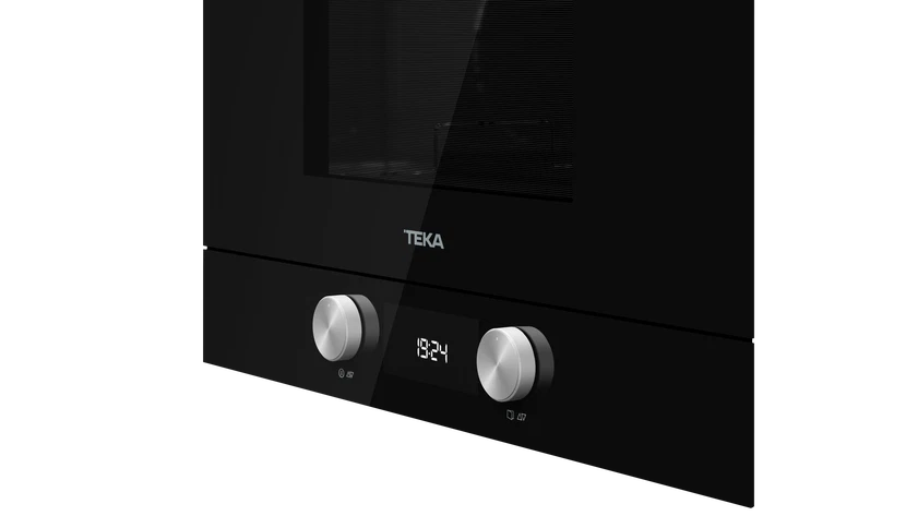 Un horno negro con dos mandos plateados y una pantalla digital que muestra 19:24.