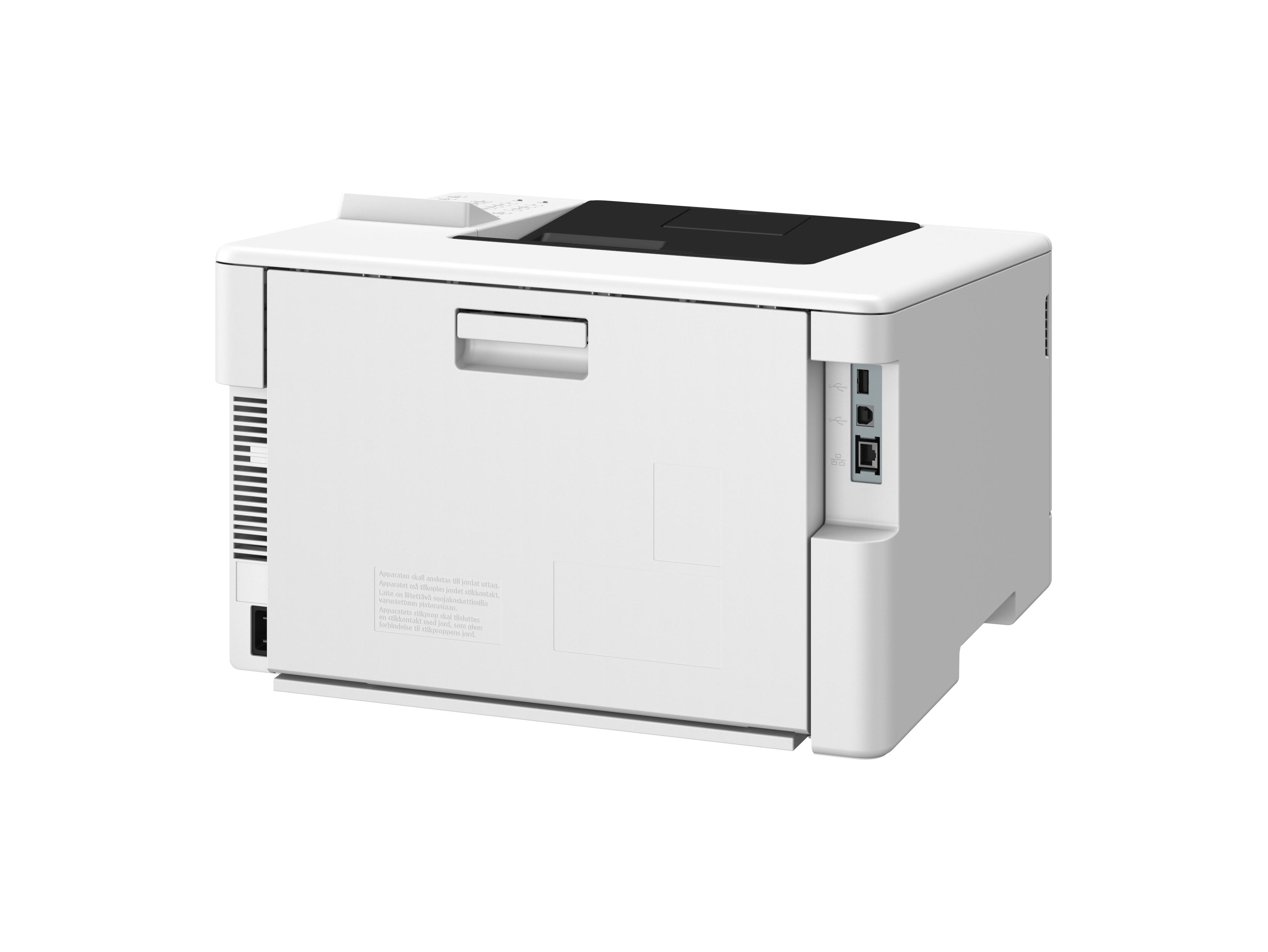 Ein weißer Drucker mit schwarzem Bedienfeld und USB-Anschlüssen.
