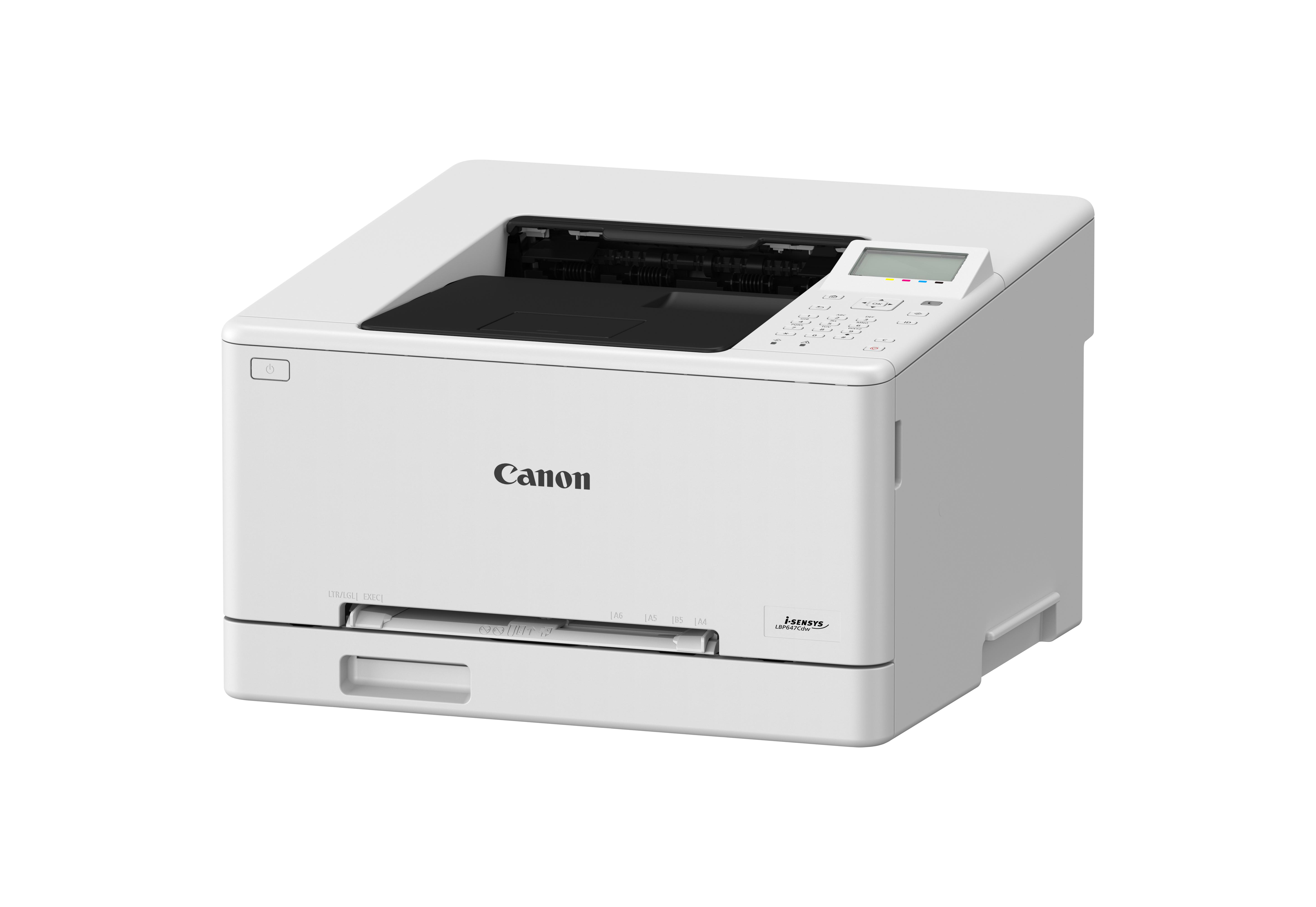 Ein weißer Canon Laserdrucker mit Bedienfeld und Papierausgabe.