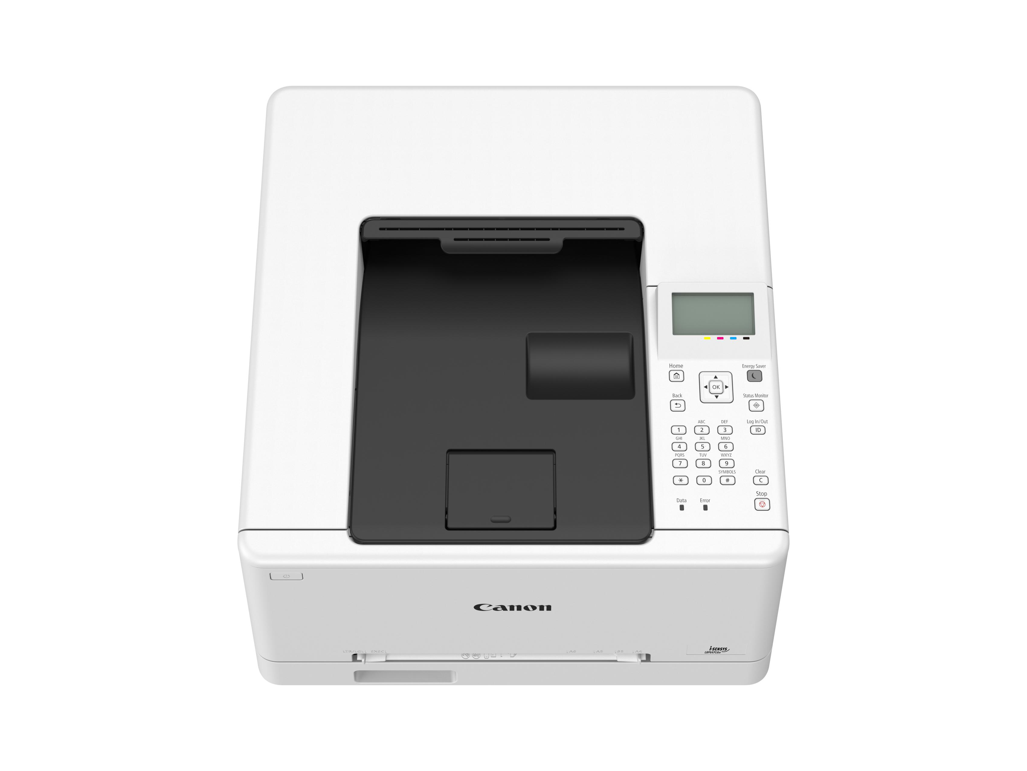 Ein weißer Canon Laserdrucker mit Bedienfeld und Papierschacht.