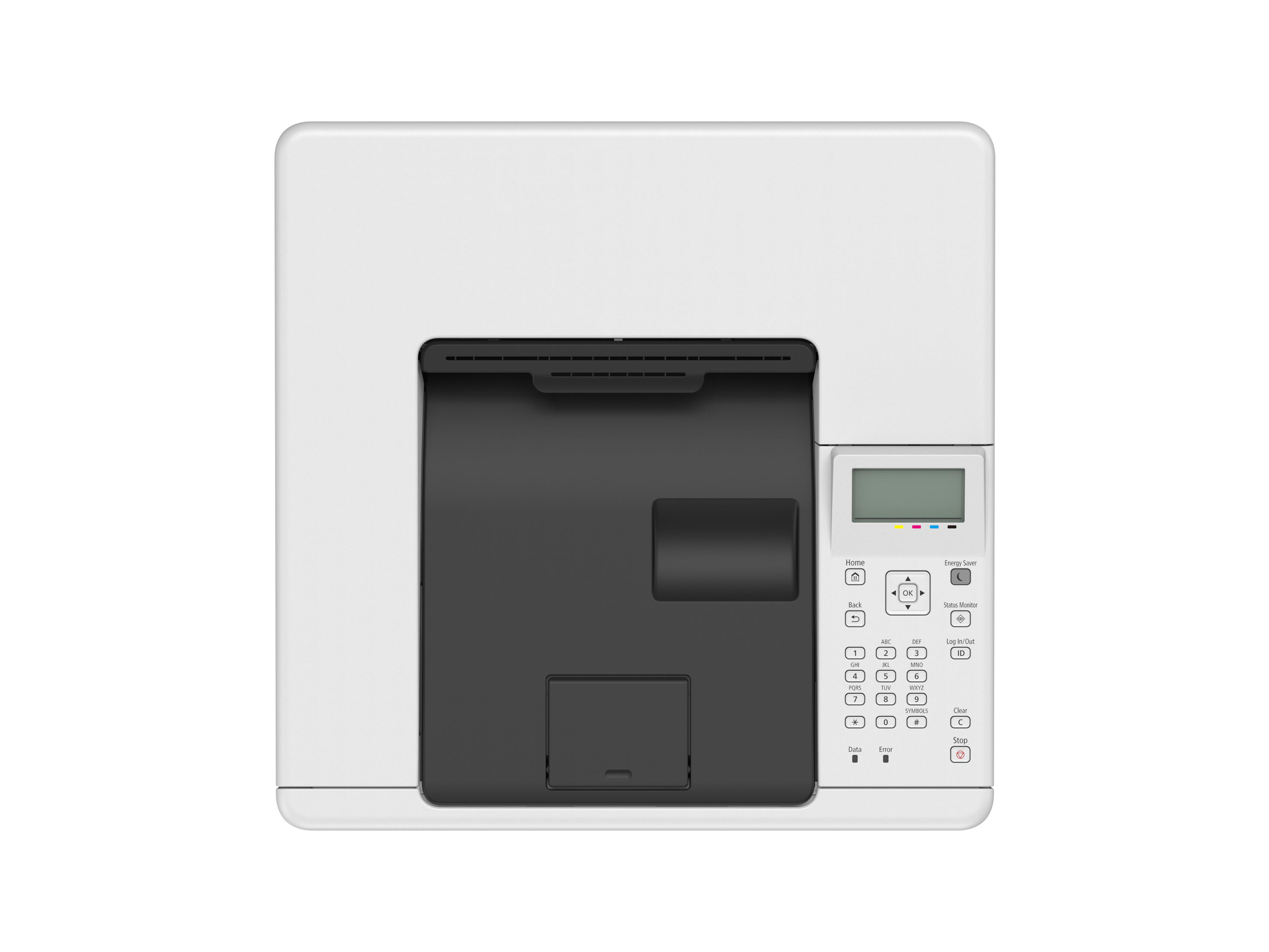 Ein weißer Drucker mit schwarzem Fach und Bedienfeld mit Display und Tasten.