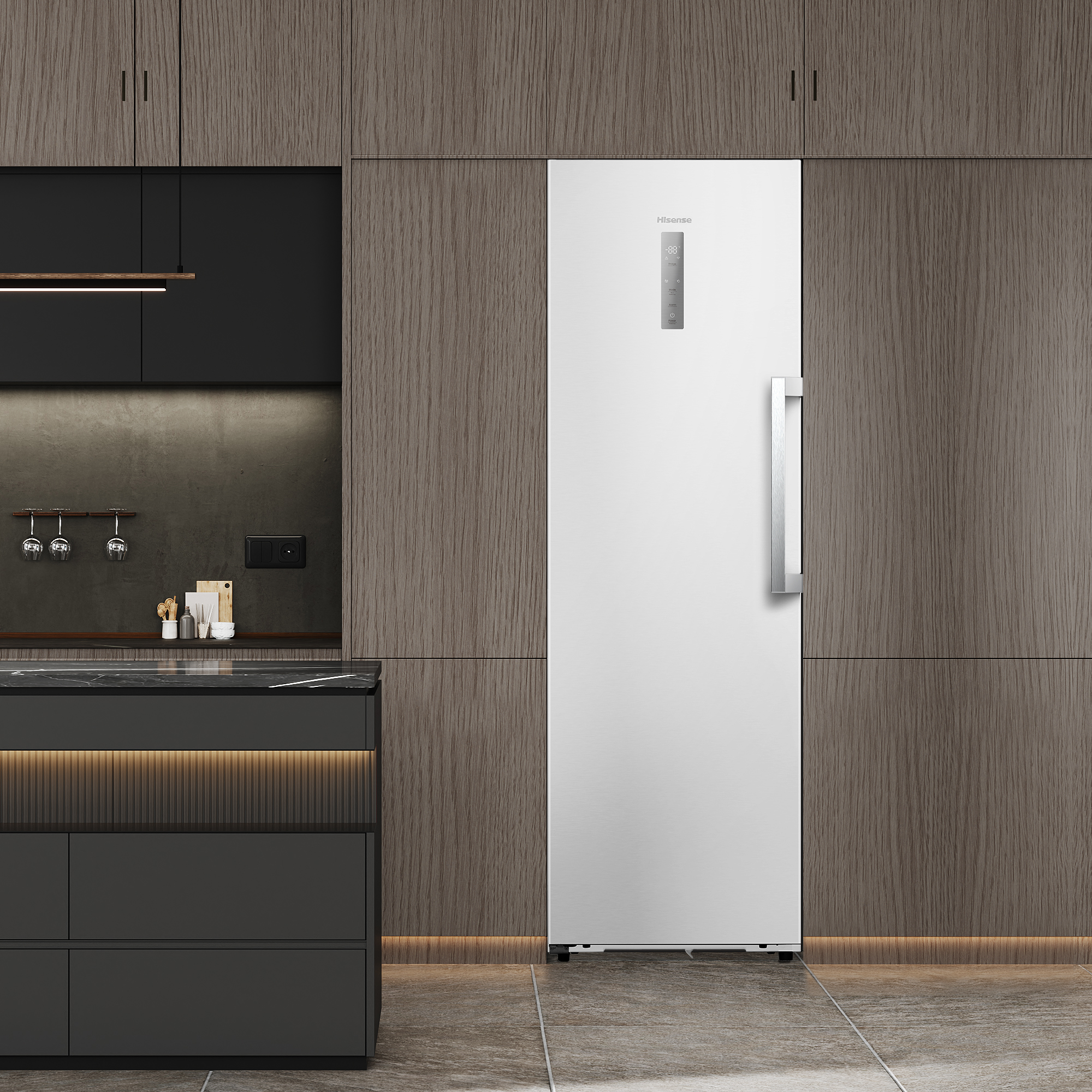 Un refrigerador blanco junto a gabinetes de madera oscura en una cocina moderna.