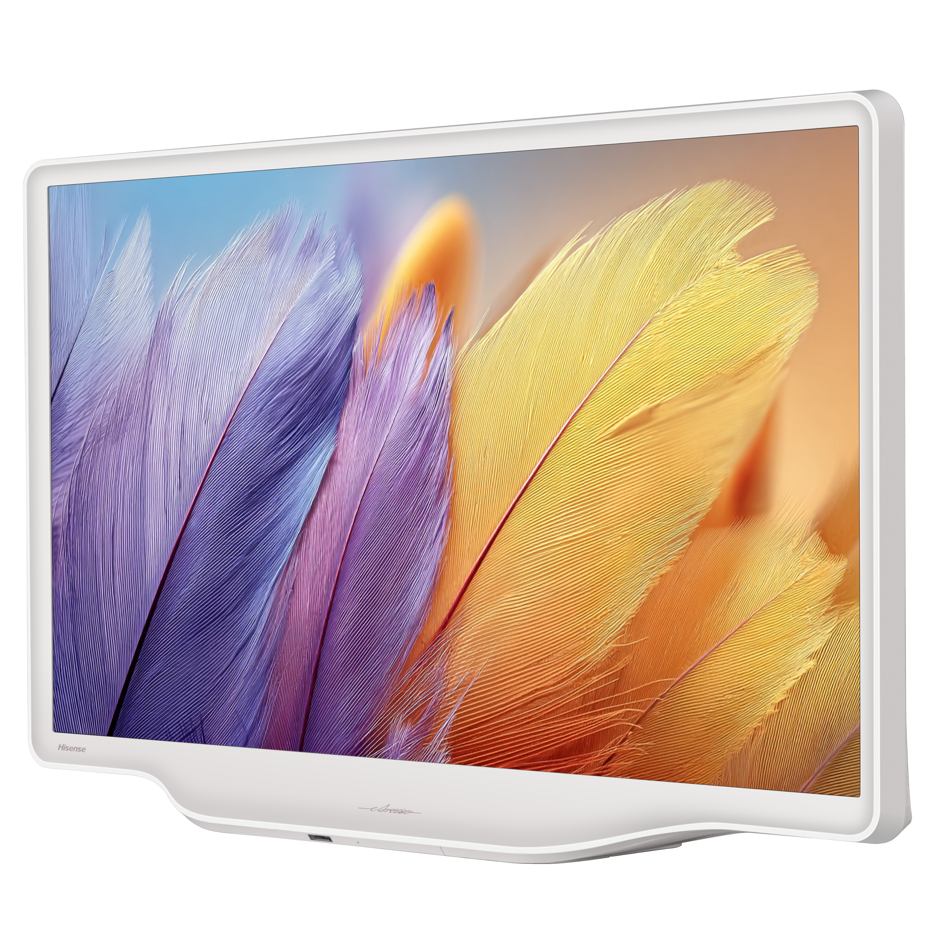 Un monitor blanco que muestra una imagen de plumas púrpuras y amarillas.