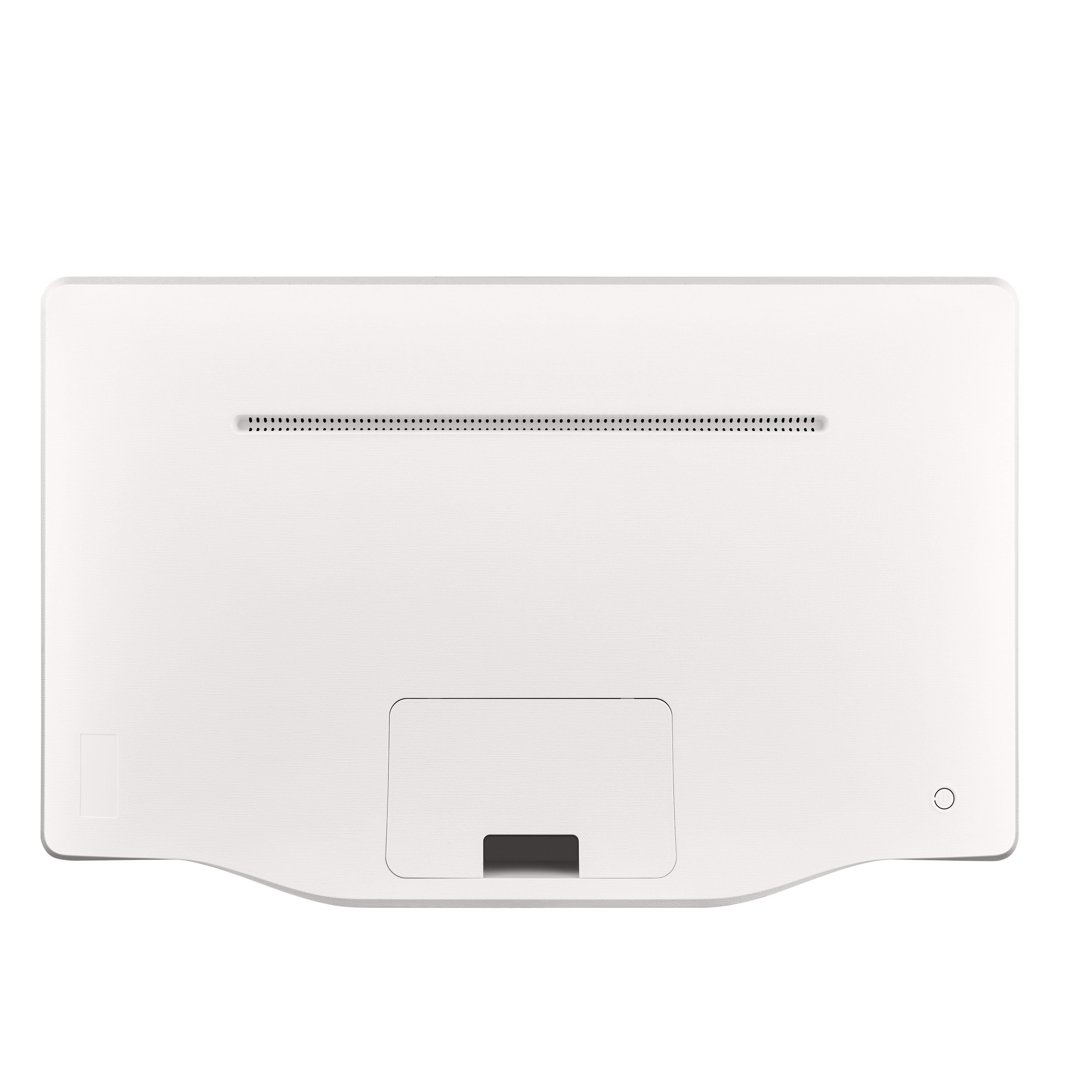 Parte trasera blanca de un dispositivo electrónico con rejillas y hueco.
