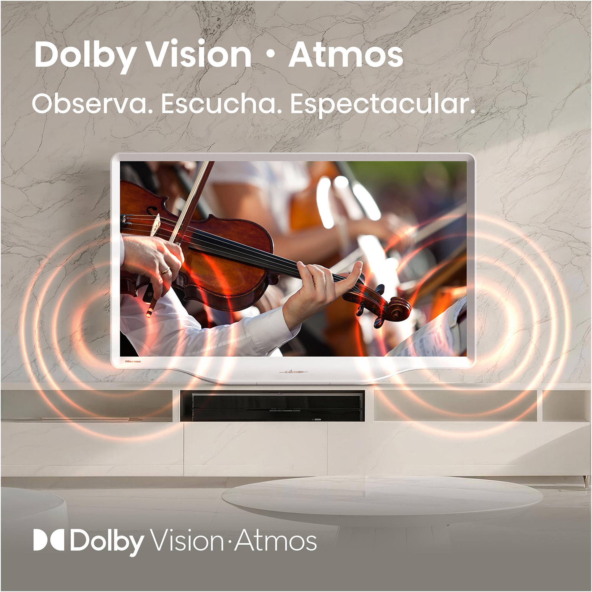 Una orquesta toca el violín frente a un fondo de mármol, Dolby Vision/Atmos.