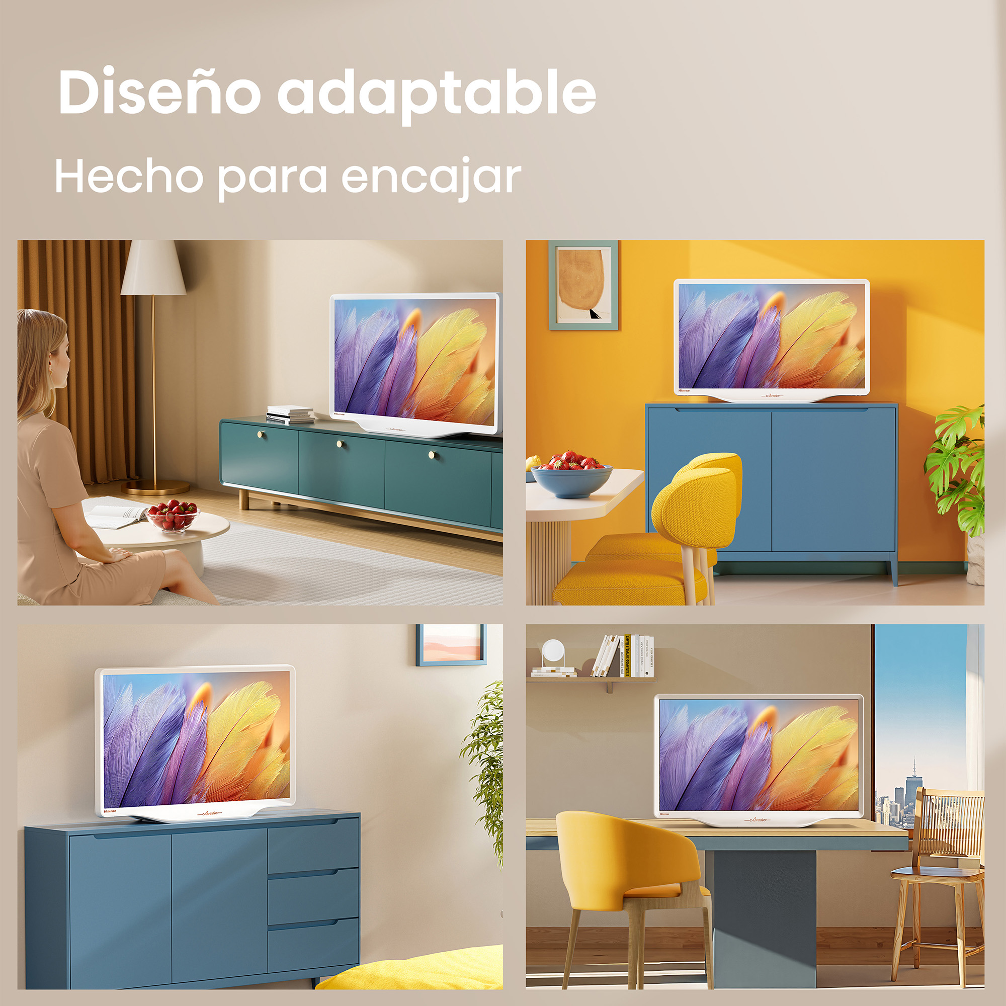 Cuatro escenas muestran un televisor blanco con arte de plumas en muebles azules.