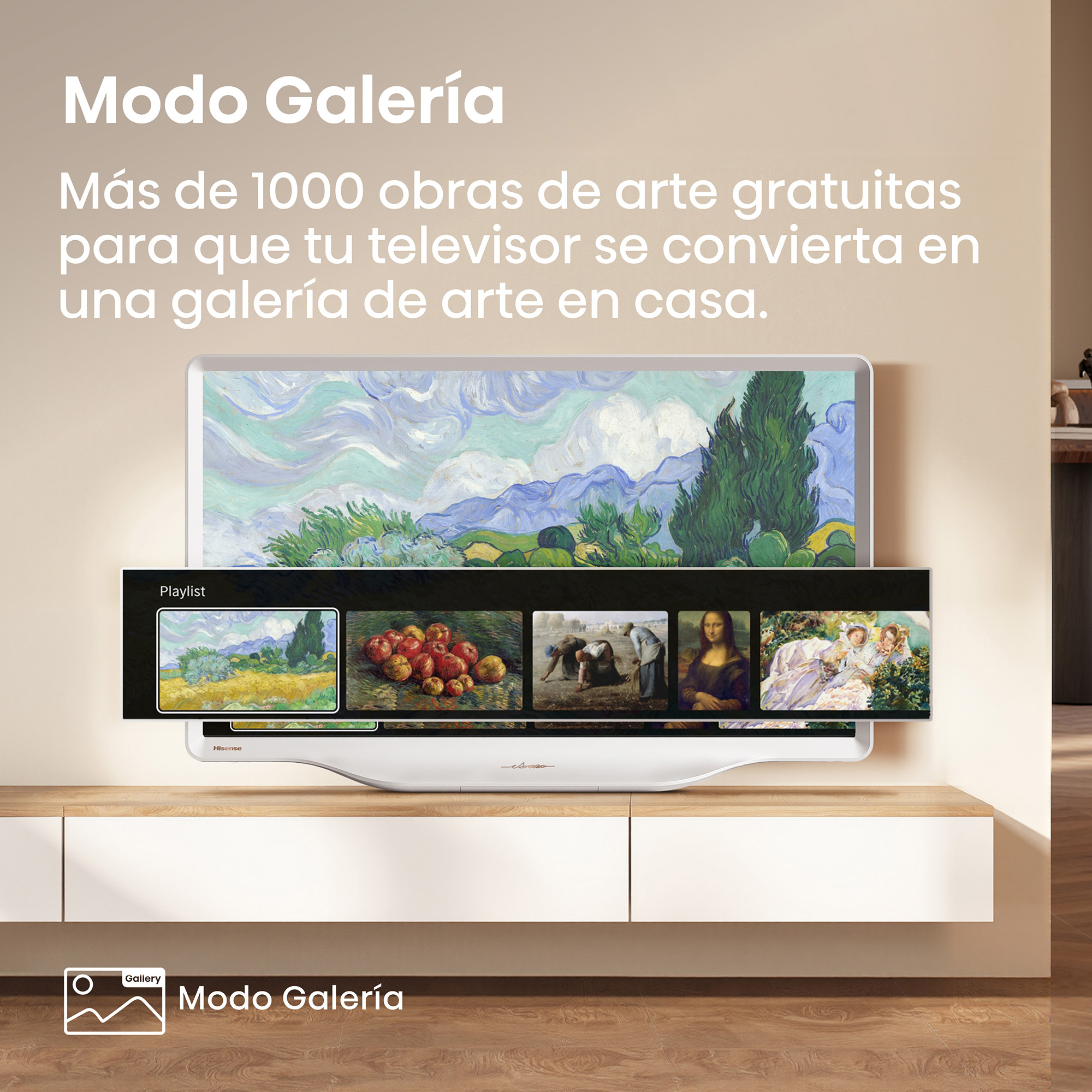 TV mostrando arte. La lista incluye Van Gogh, manzanas, Mona Lisa y damas.