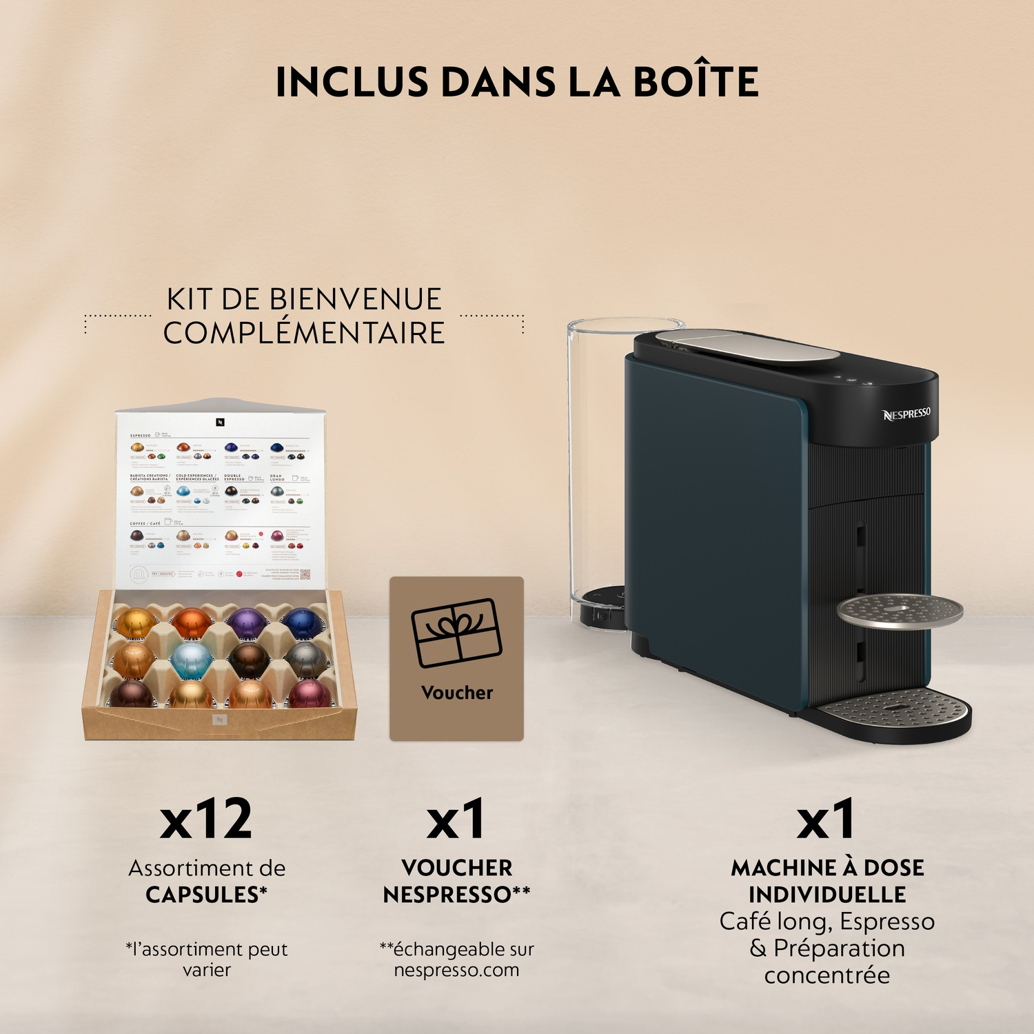 Machine Nespresso, 12 capsules, 1 bon. Machine bleu foncé avec réservoir d'eau.