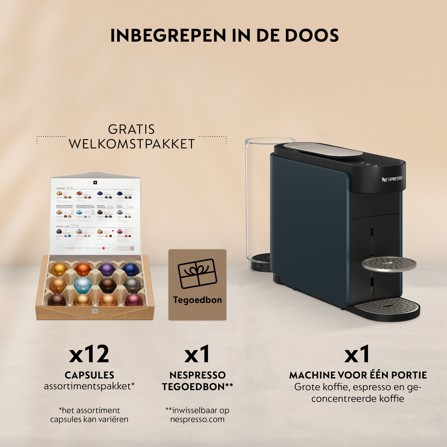 Nespresso machine met 12 capsules, tegoedbon en welkomstpakket.