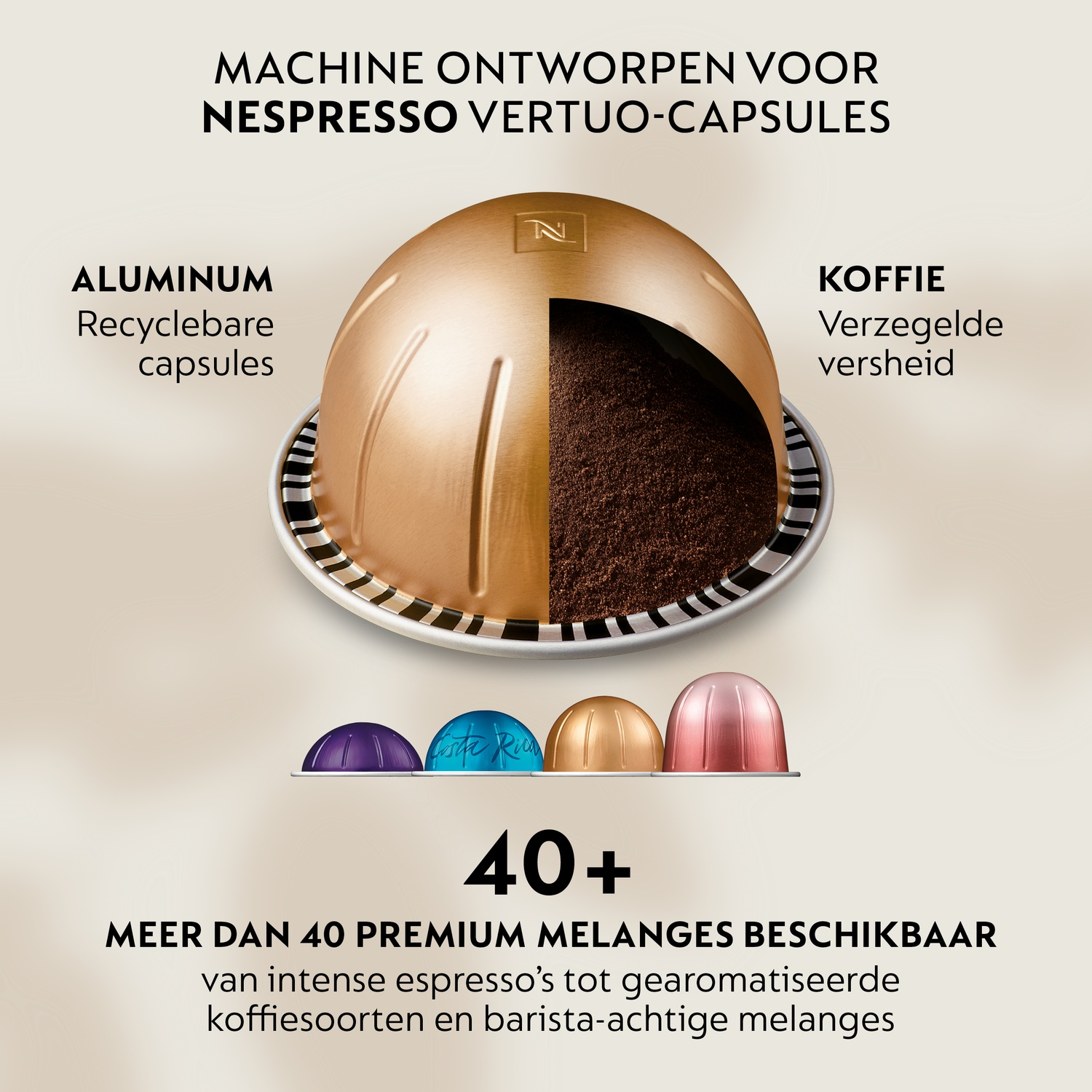 Grote koffiecup met koffie erin, en vier kleinere cups in diverse kleuren.