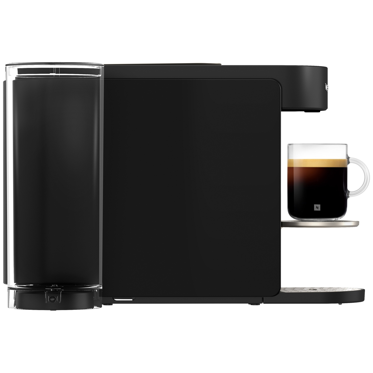 Machine à café noire avec réservoir d'eau et une tasse d'espresso.