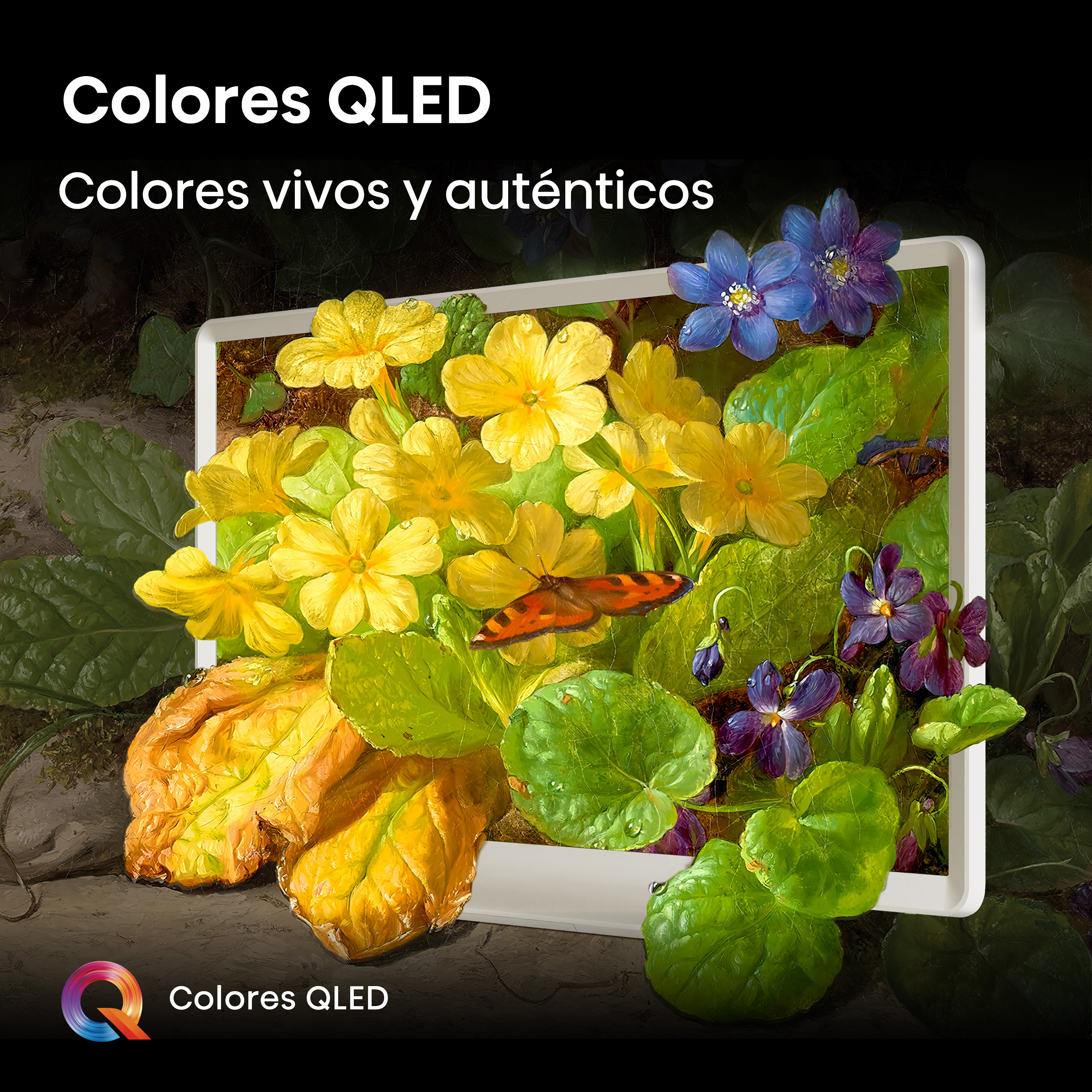 Un monitor muestra flores y hojas coloridas con una mariposa.