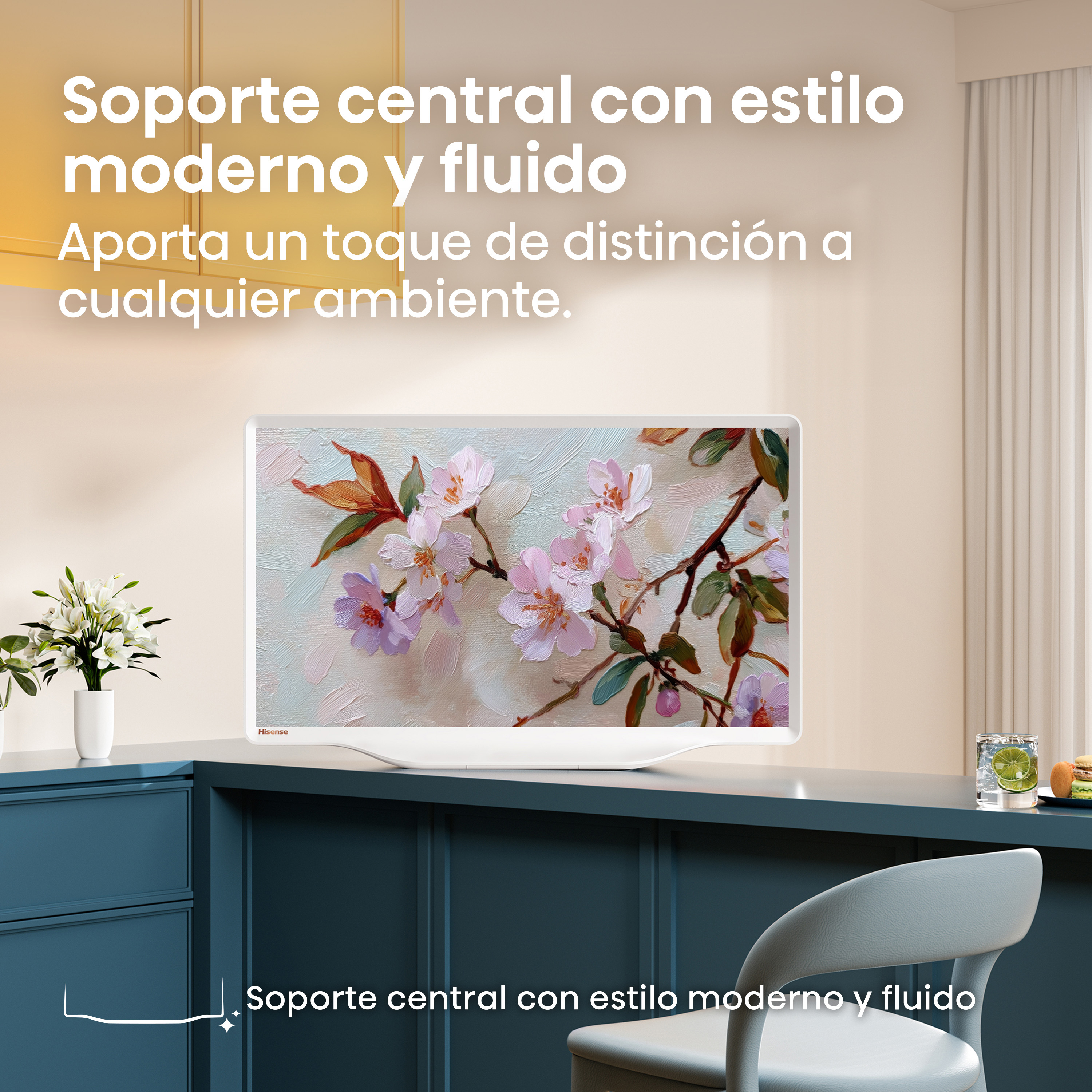 Un televisor moderno con pintura floral en pantalla sobre un mueble con flores.