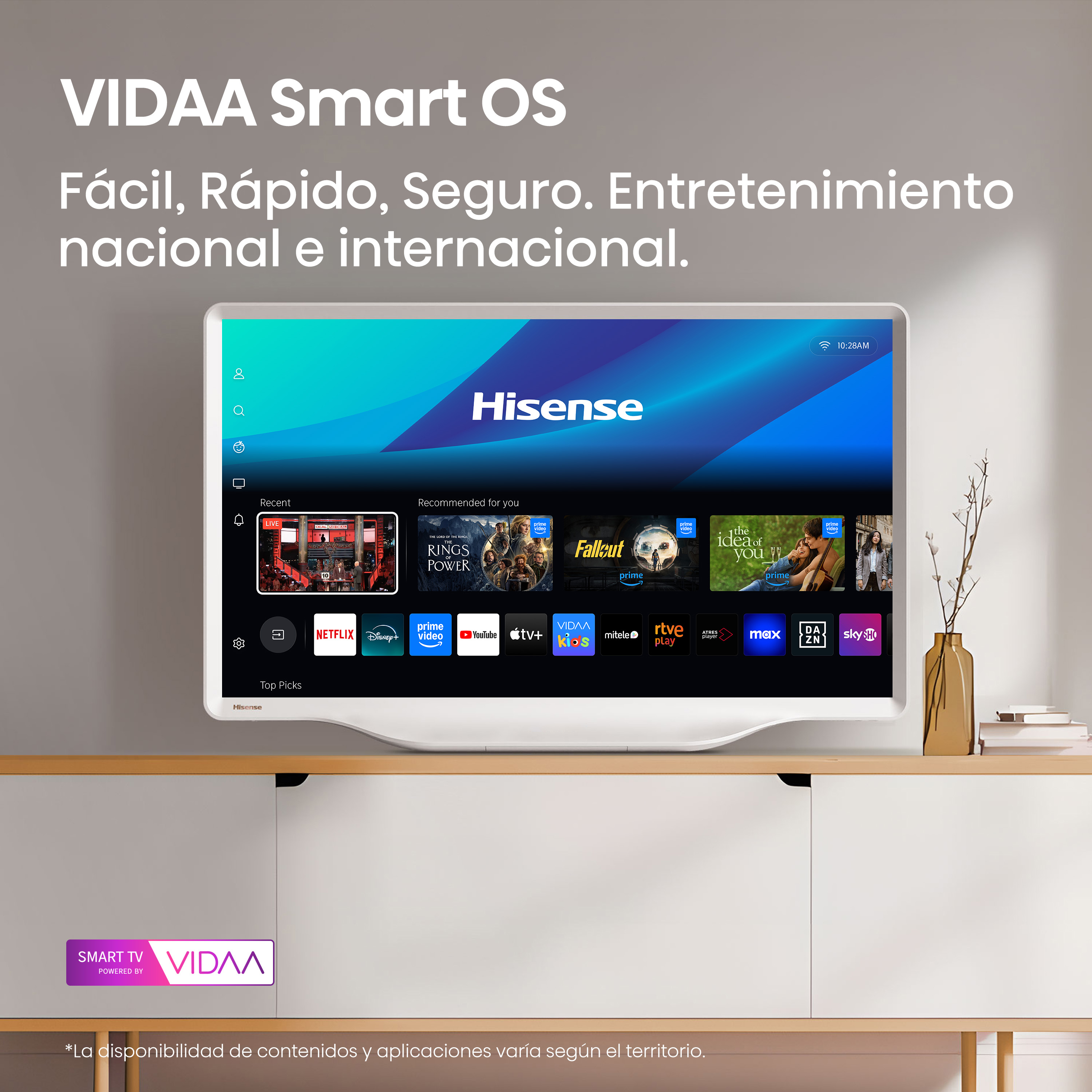 Un Smart TV Hisense con VIDAA OS muestra apps como Netflix, Prime Video y Disney+.