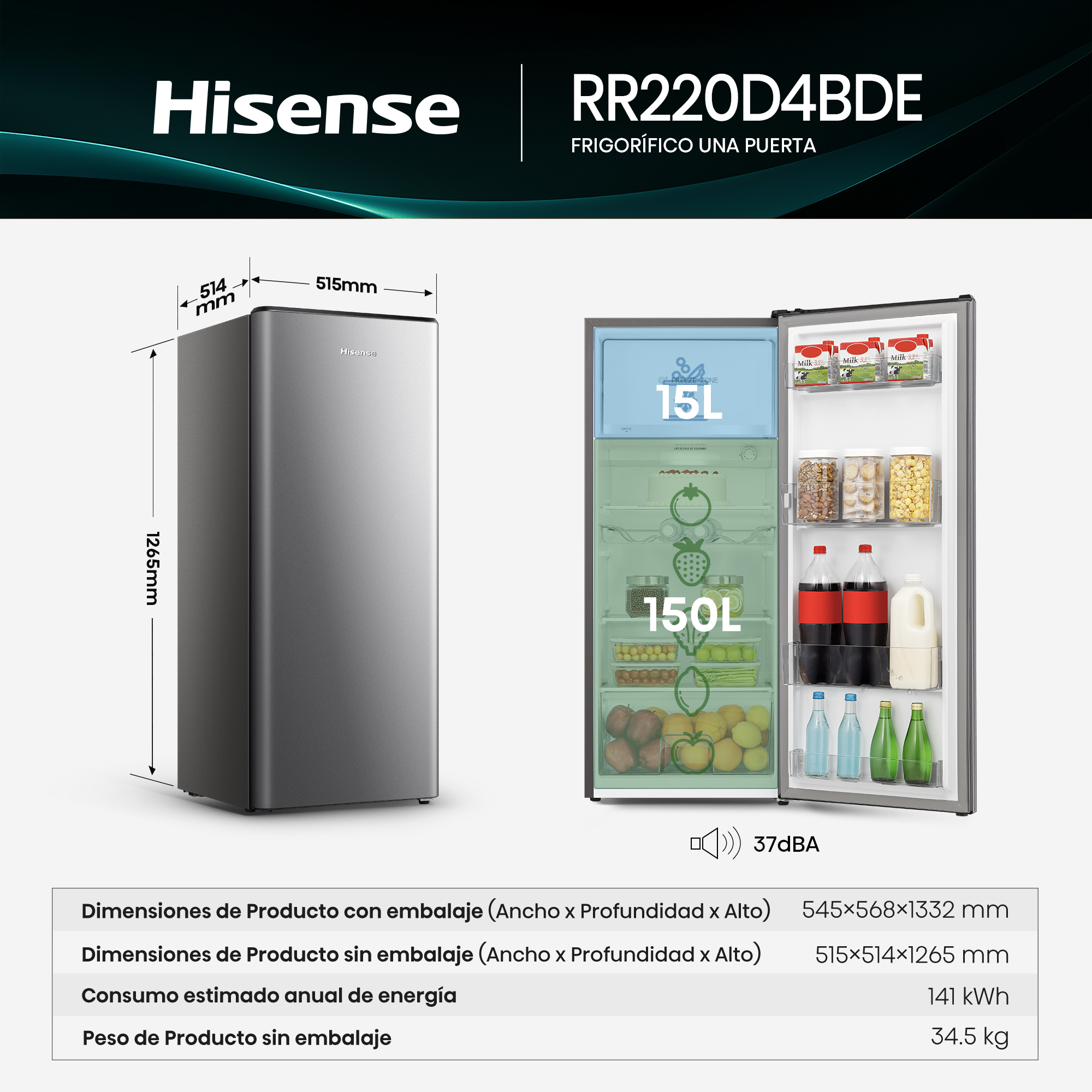 Un refrigerador Hisense plateado con la puerta abierta, lleno de comida y bebidas.