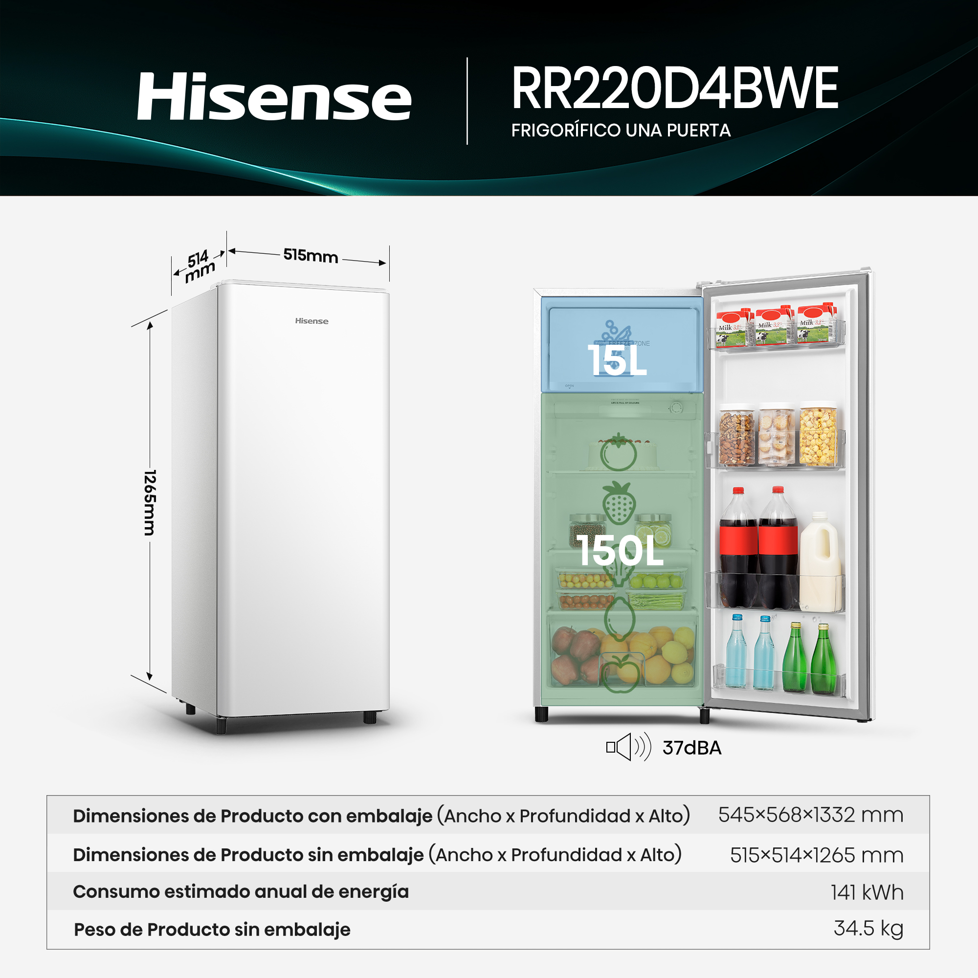 Un refrigerador Hisense blanco con dimensiones y puerta abierta, lleno de alimentos.
