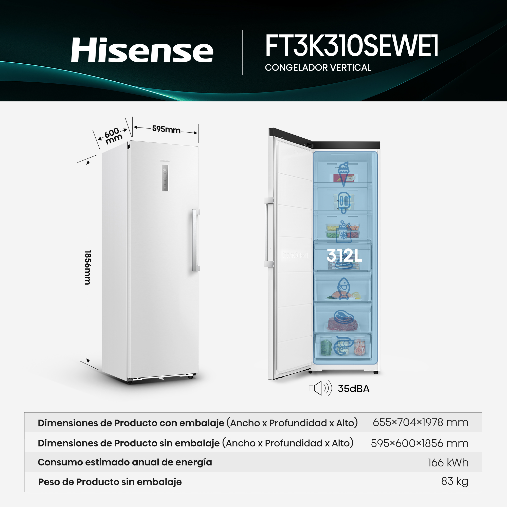 Un congelador Hisense blanco con puerta abierta, capacidad de 312L y dimensiones.