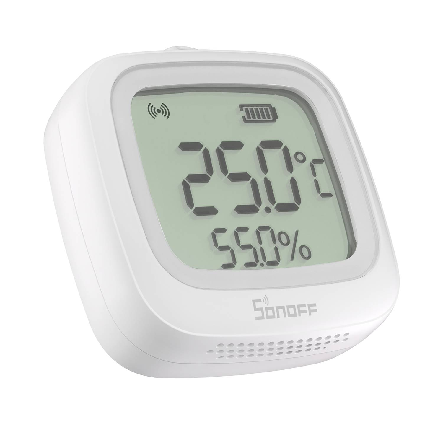 Un termómetro digital blanco muestra 25.0°C y 55.0% de humedad. Icono WiFi.
