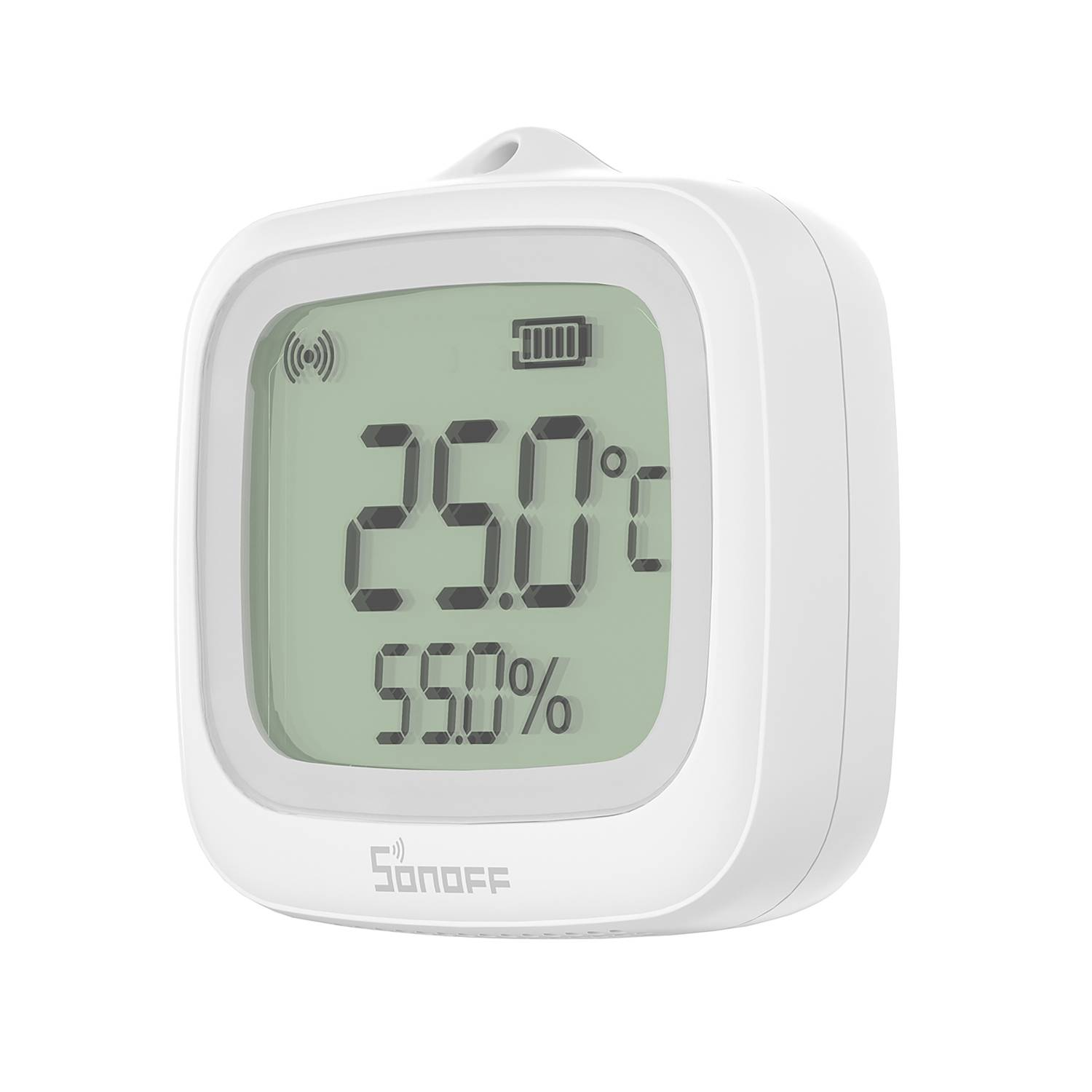 Un medidor de humedad blanco muestra 25 grados y 55% de humedad.