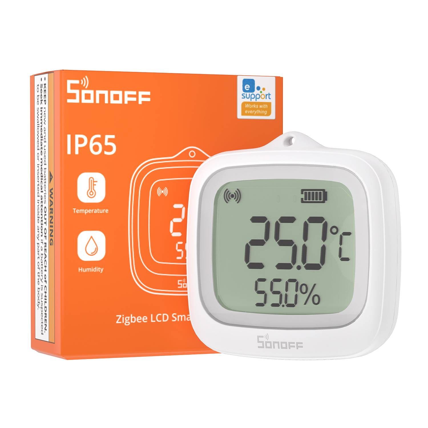 El dispositivo inteligente LCD Zigbee Sonoff muestra 25,0 °C y 55,0 % de humedad.