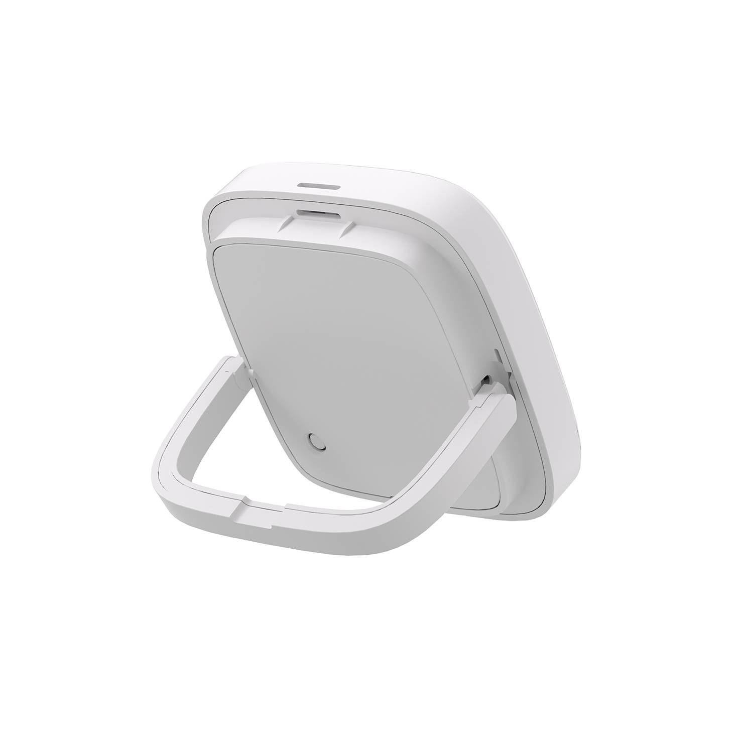 Se muestra un dispositivo digital blanco con soporte trasero.