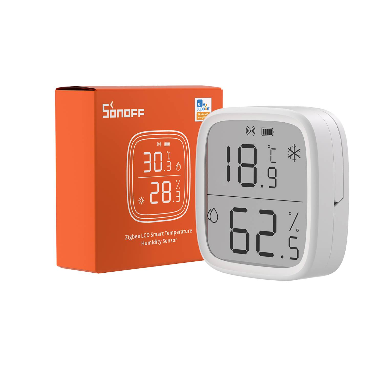 Un sensor digital de temperatura y humedad blanco con una caja naranja.