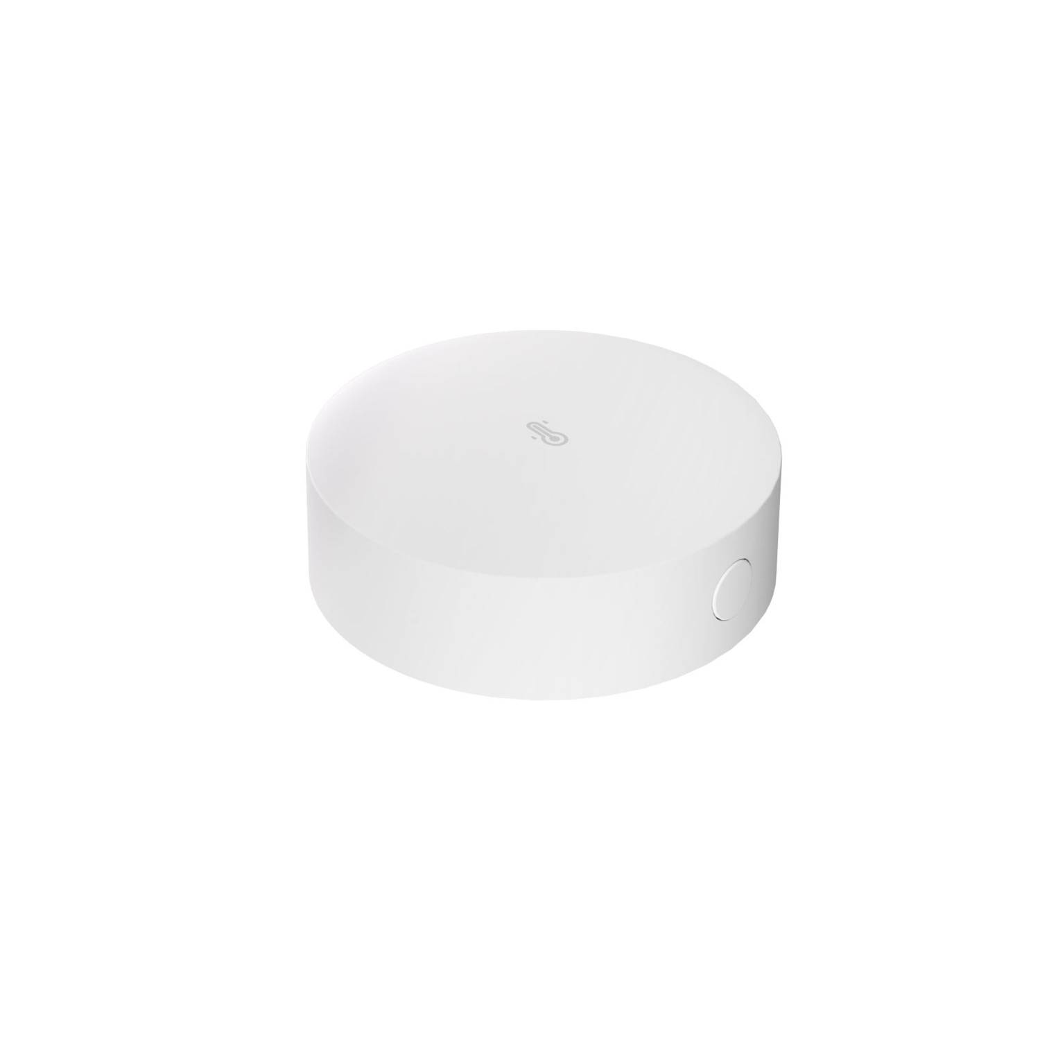 Un sensor blanco y redondo con un símbolo en la superficie superior.
