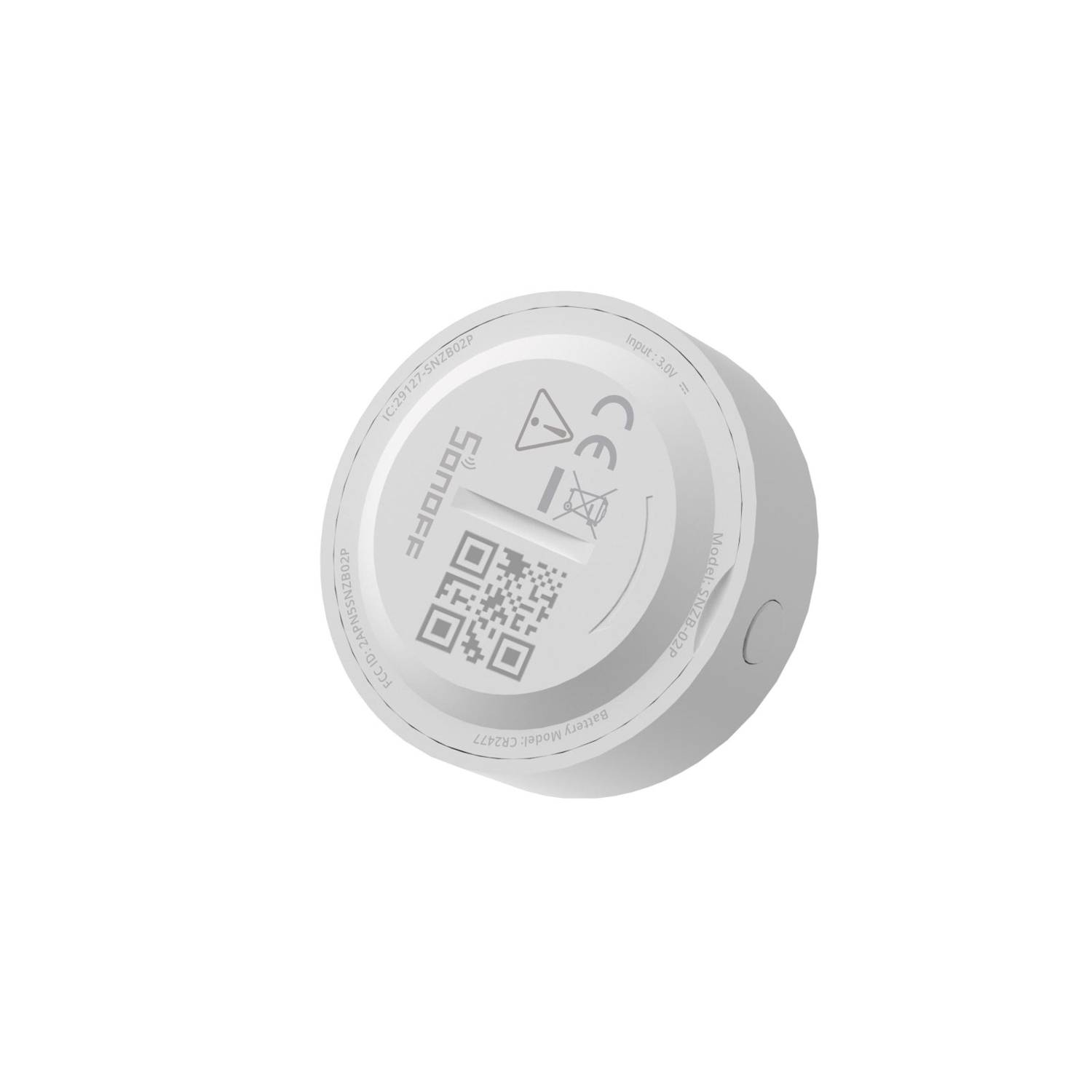 Un sensor Sonoff blanco con código QR, marca CE y texto.
