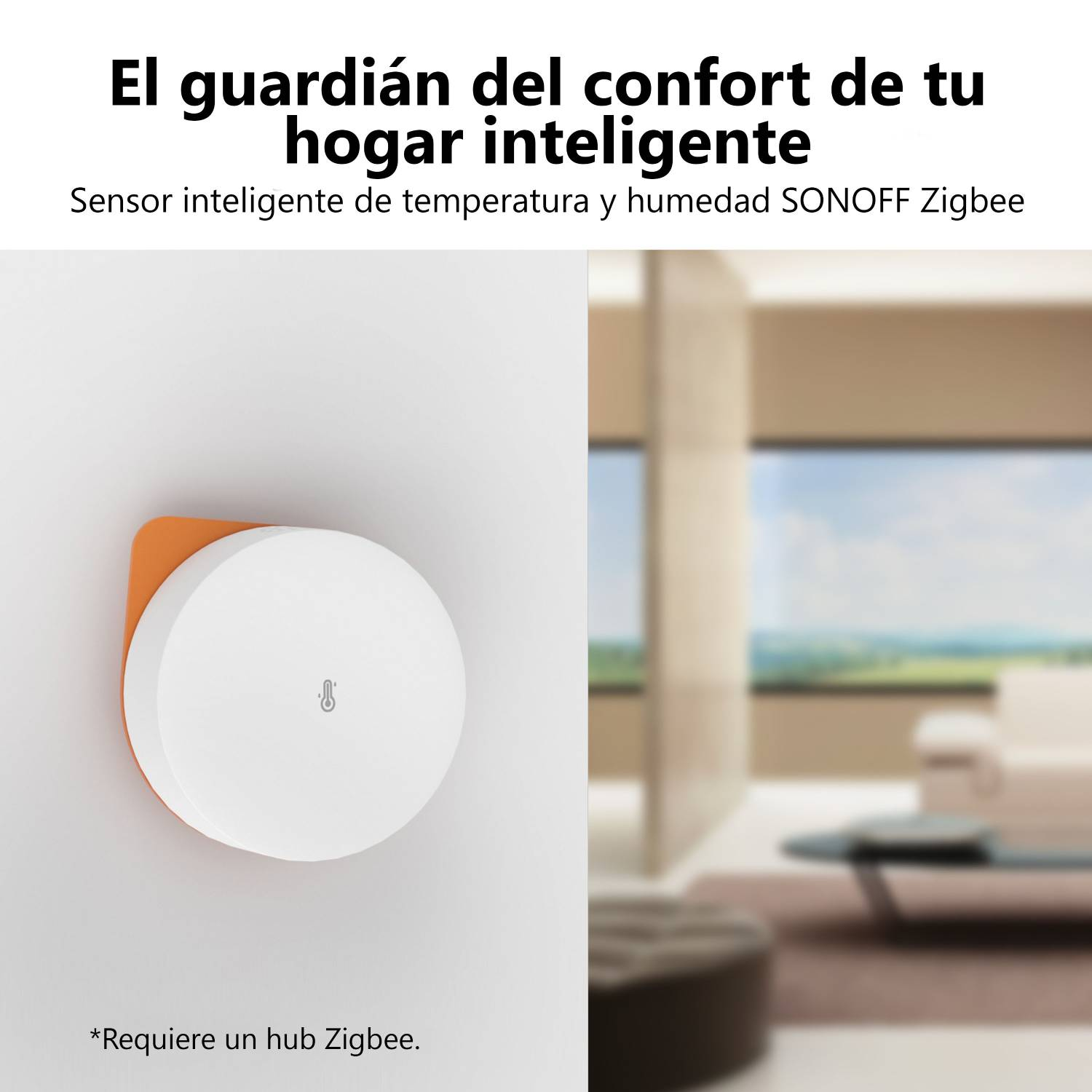 Un sensor redondo blanco con icono de termómetro se adhiere a la pared.