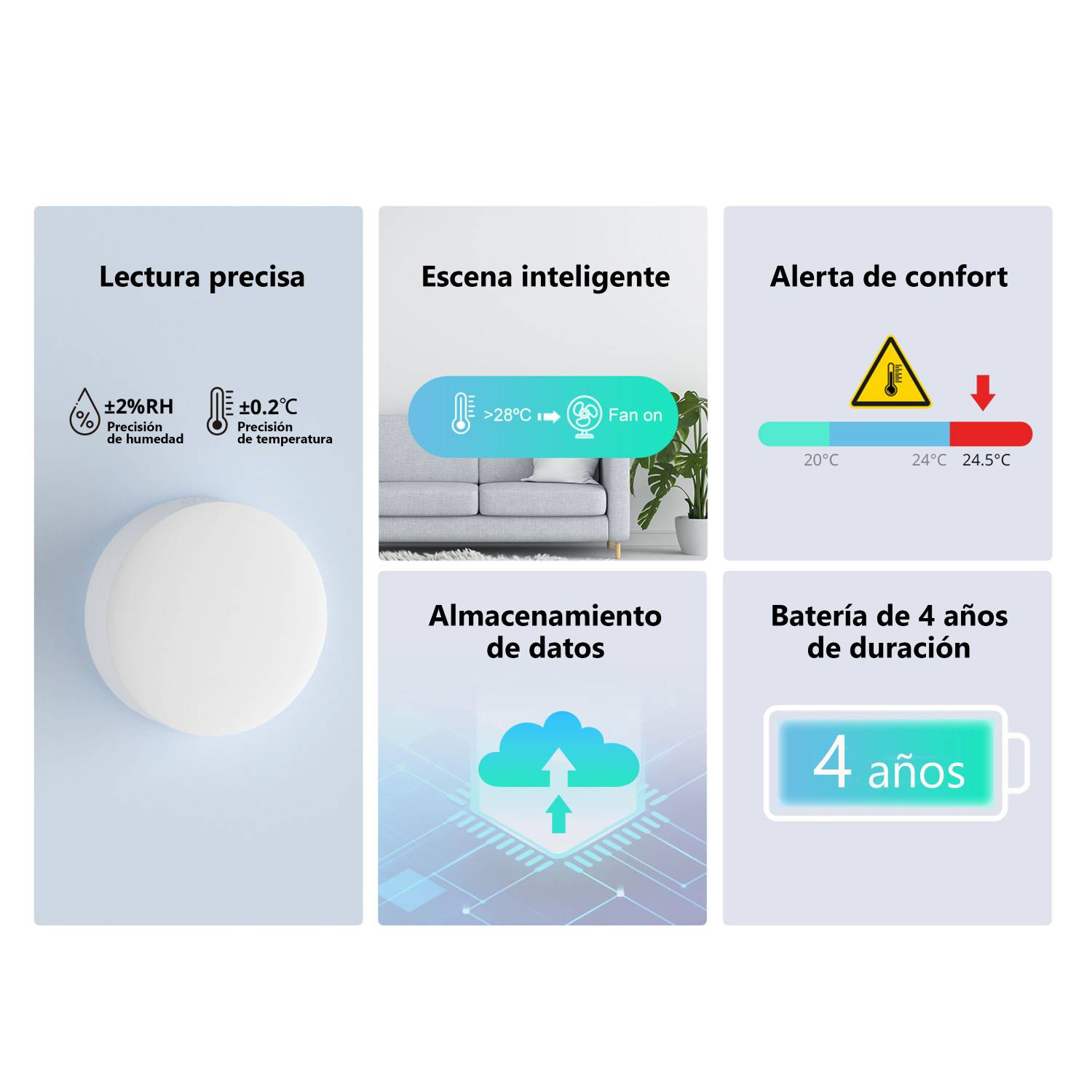 Descripción general del producto con lectura precisa, escena inteligente, alerta de confort, almacenamiento de datos y 4 años de batería.