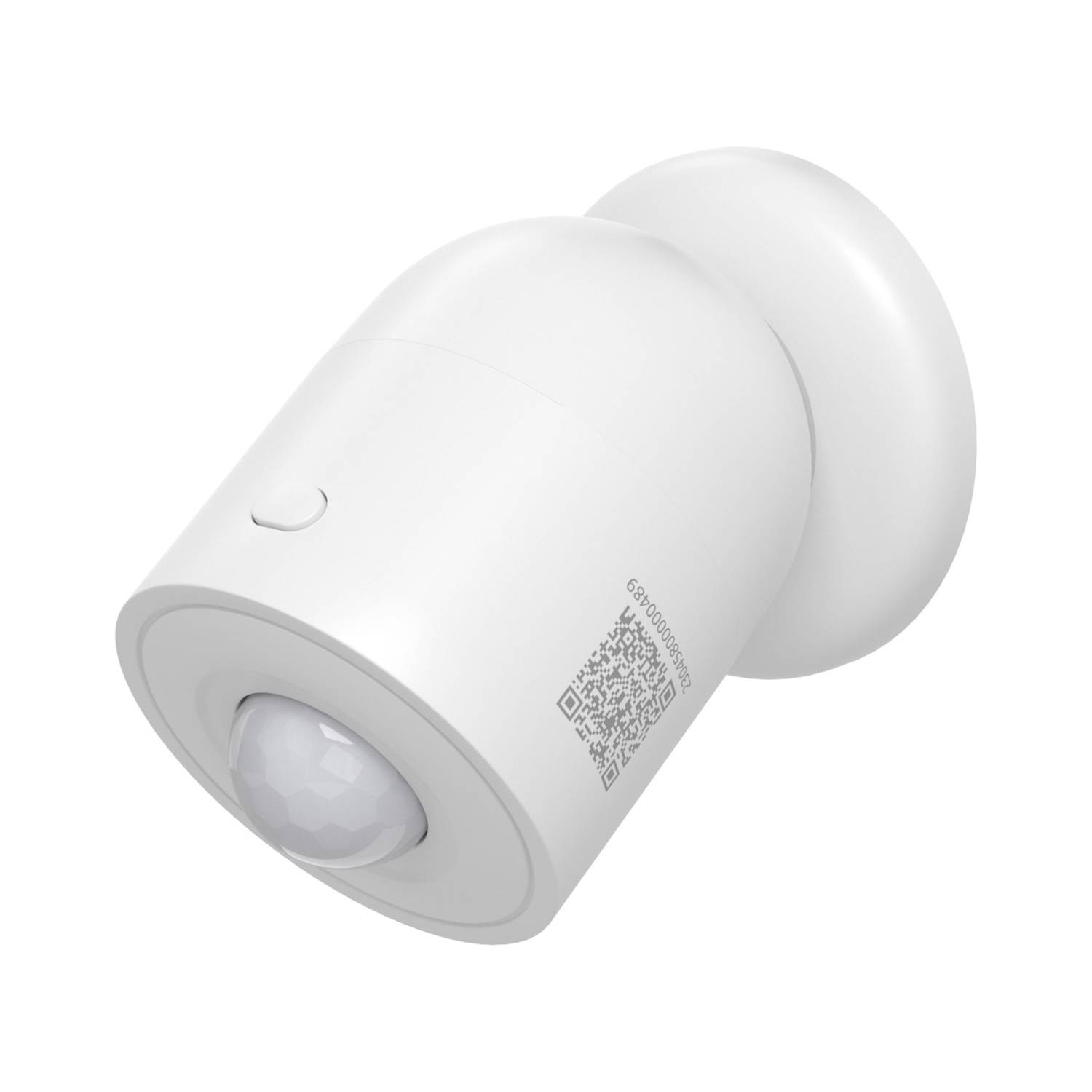 Un sensor de movimiento blanco con un sensor facetado al frente y un código QR.